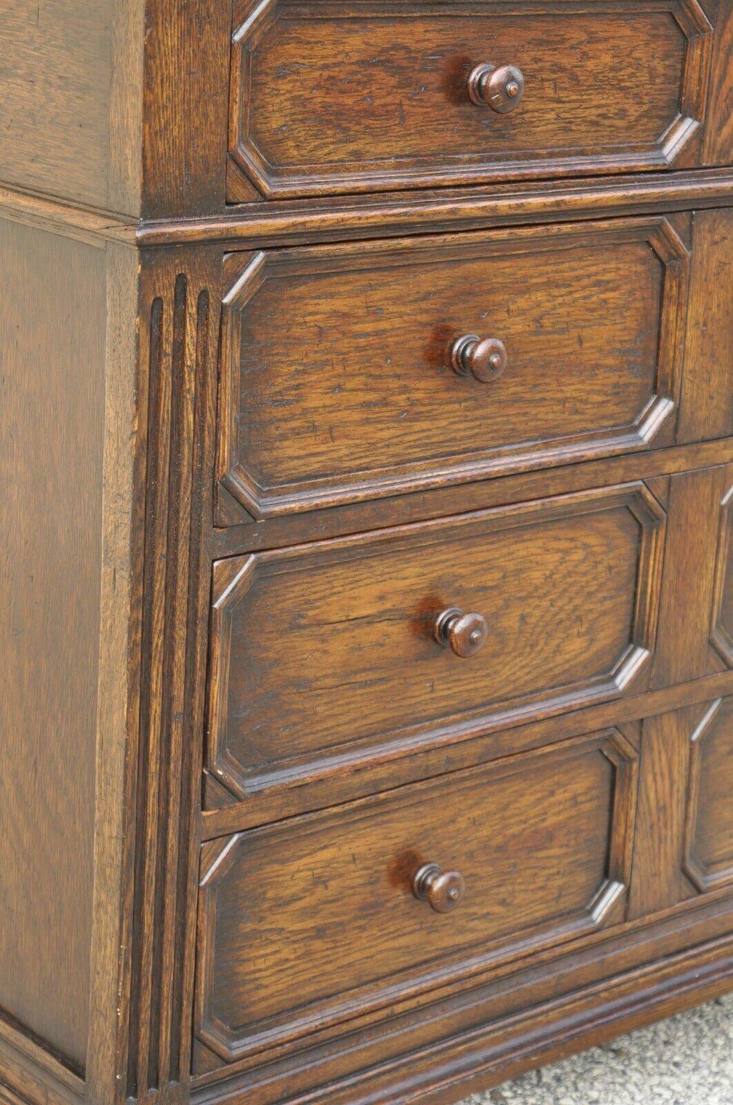 Antique Oak Jacobean Style Carved Wood Chest of Drawers Low Chest Dresser In Good Condition For Sale In Philadelphia, PA