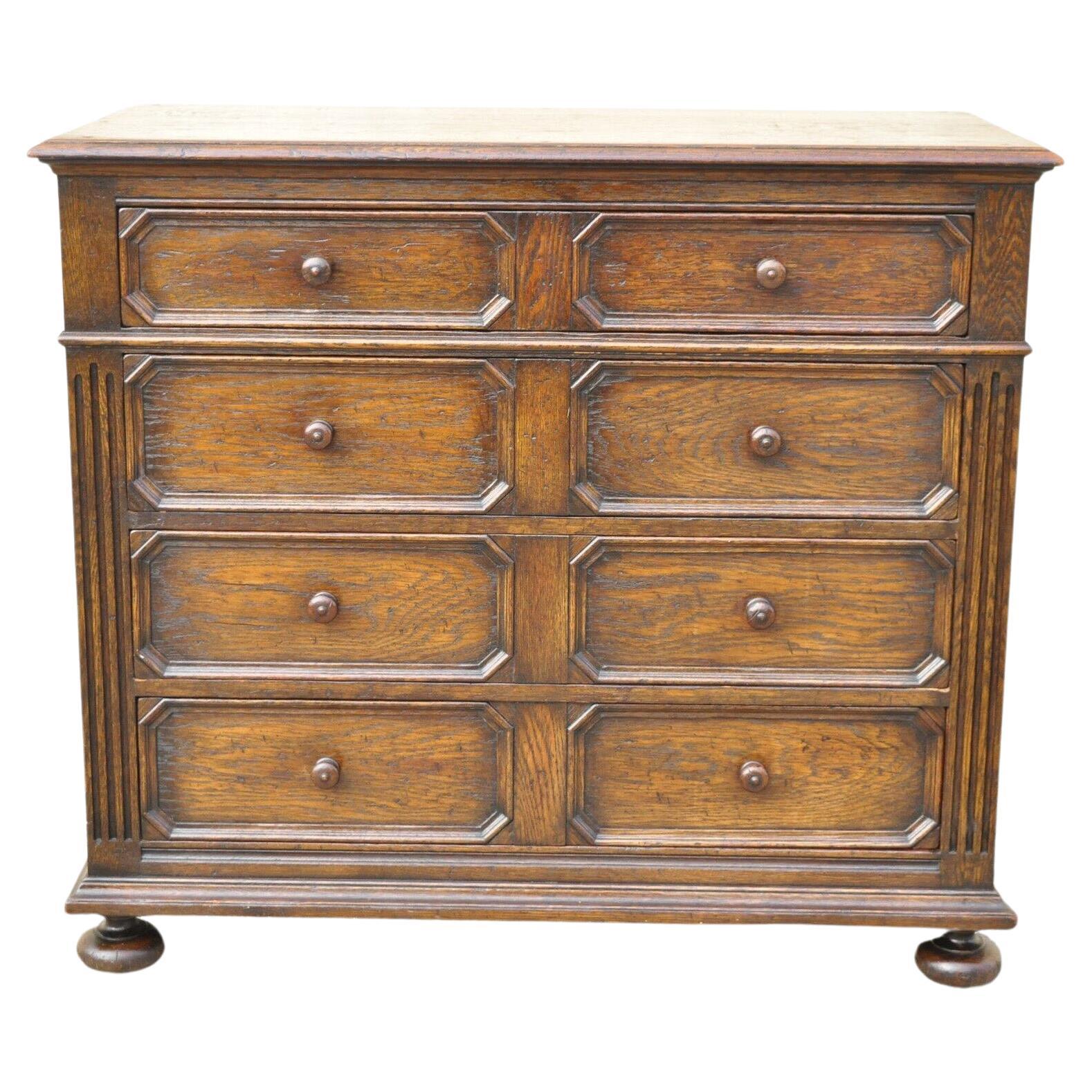 Antique Oak Jacobean Style Carved Wood Chest of Drawers Low Chest Dresser For Sale