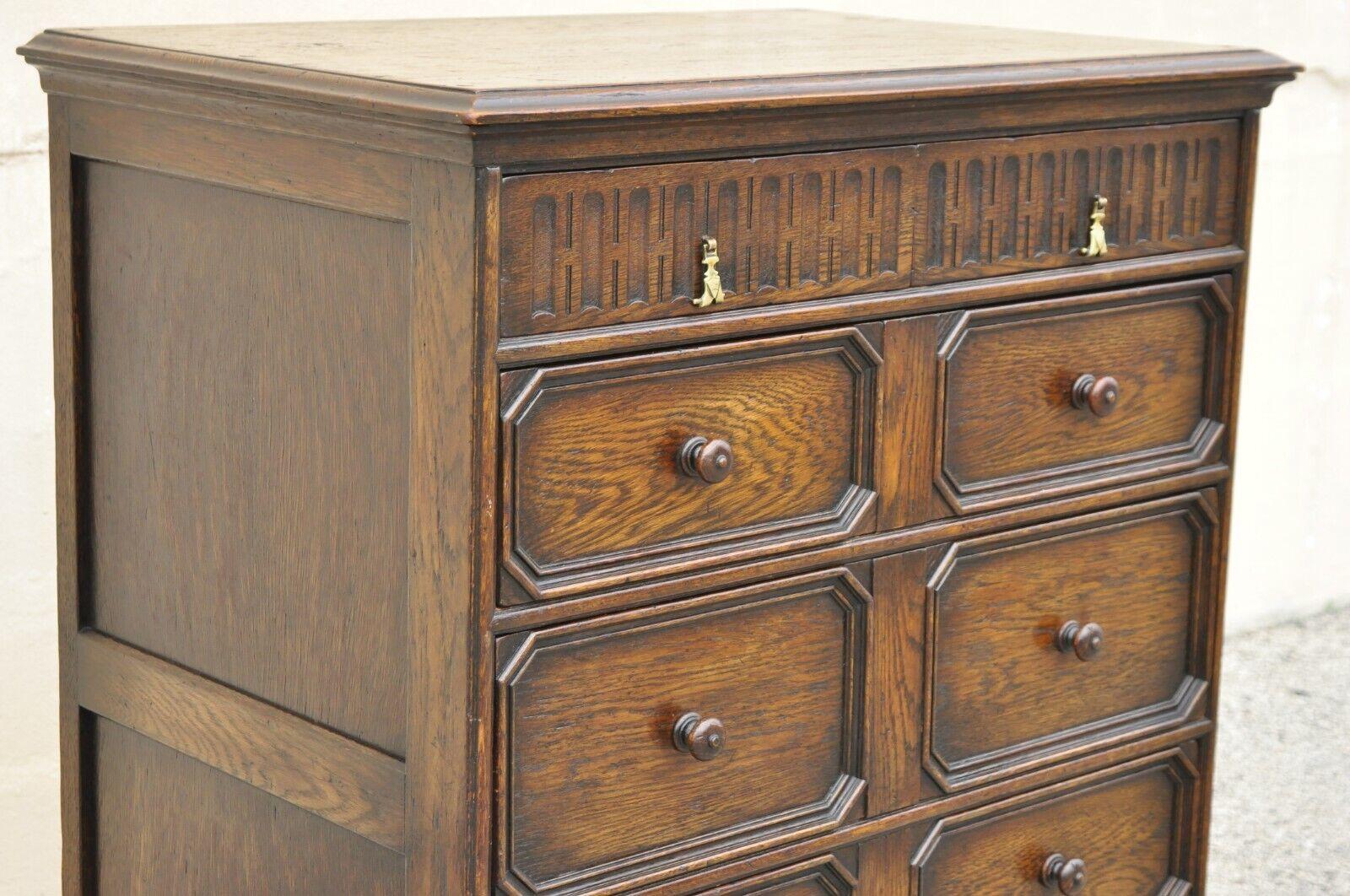 Antique Oak Jacobean Style Carved Wood Chest of Drawers Tall Chest Dresser In Good Condition In Philadelphia, PA