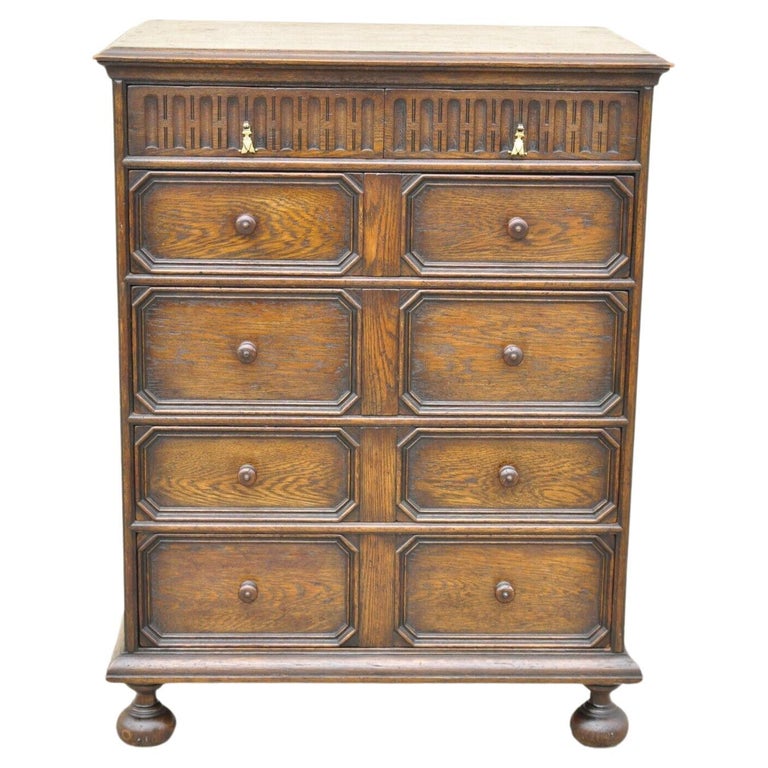 Antique Oak Jacobean Style Carved Wood Chest of Drawers Tall Chest