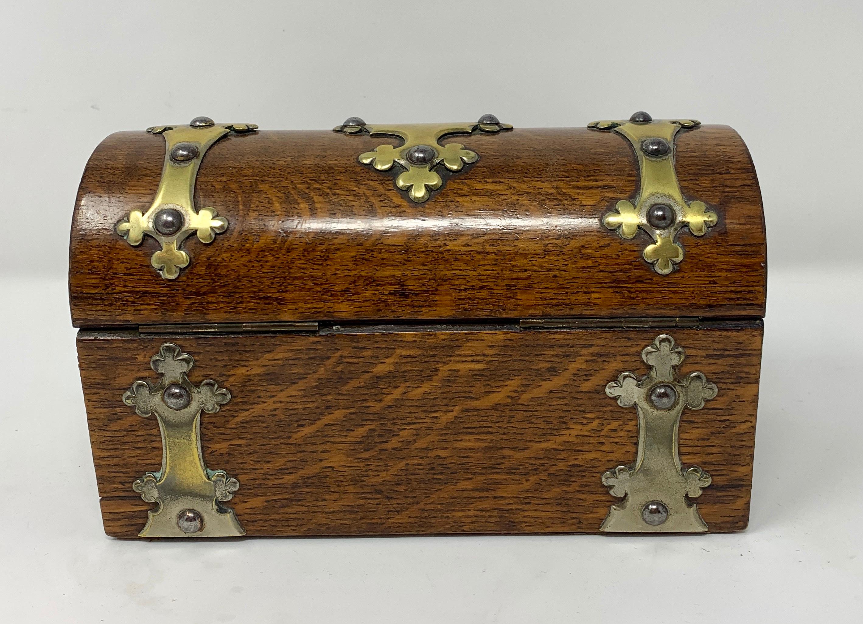 English Antique Oak Jewel Box with Brass Mounts