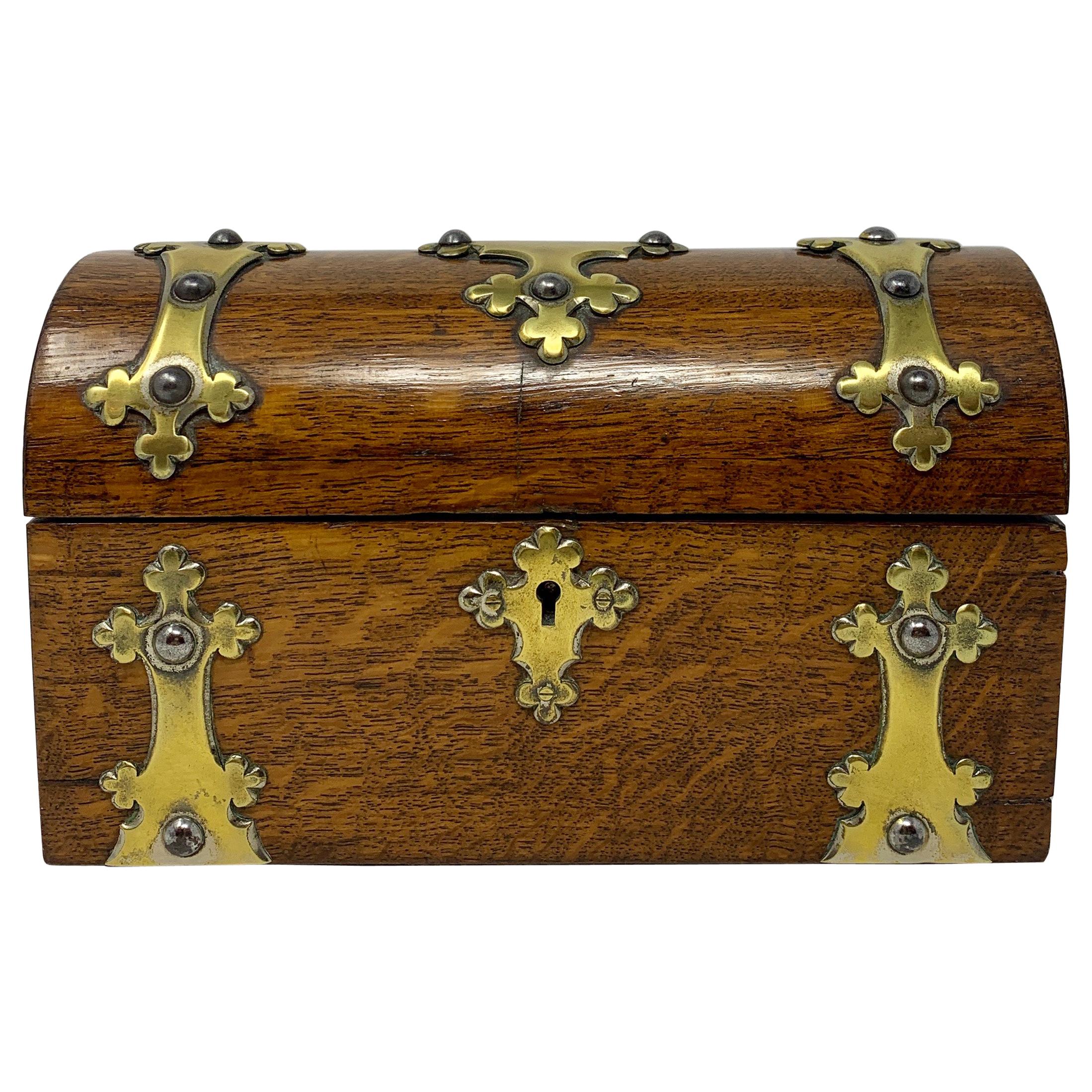 Antique Oak Jewel Box with Brass Mounts