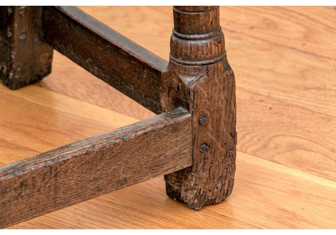 Antique Oak Joint Stool With Carved Apron In Distressed Condition For Sale In Bridgeport, CT