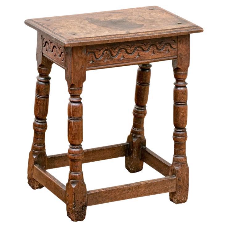 Antique Oak Joint Stool With Carved Apron For Sale
