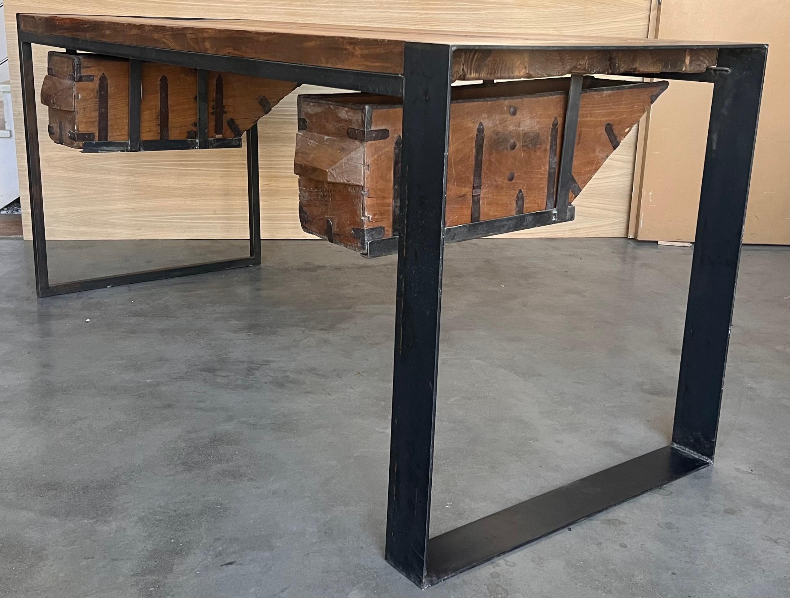 Antique Oak Kitchen Island, Butcher Block, Industrial Work Table Cast Iron For Sale 7