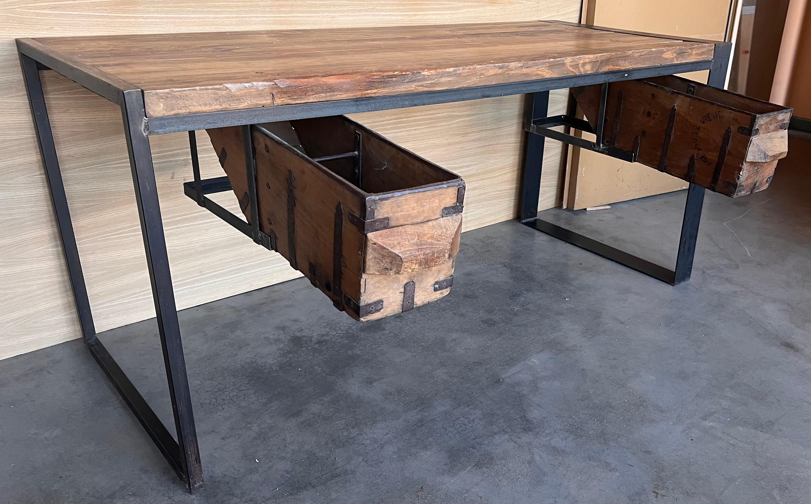 Antique Oak Kitchen Island, Butcher Block, Industrial Work Table Cast Iron For Sale 8