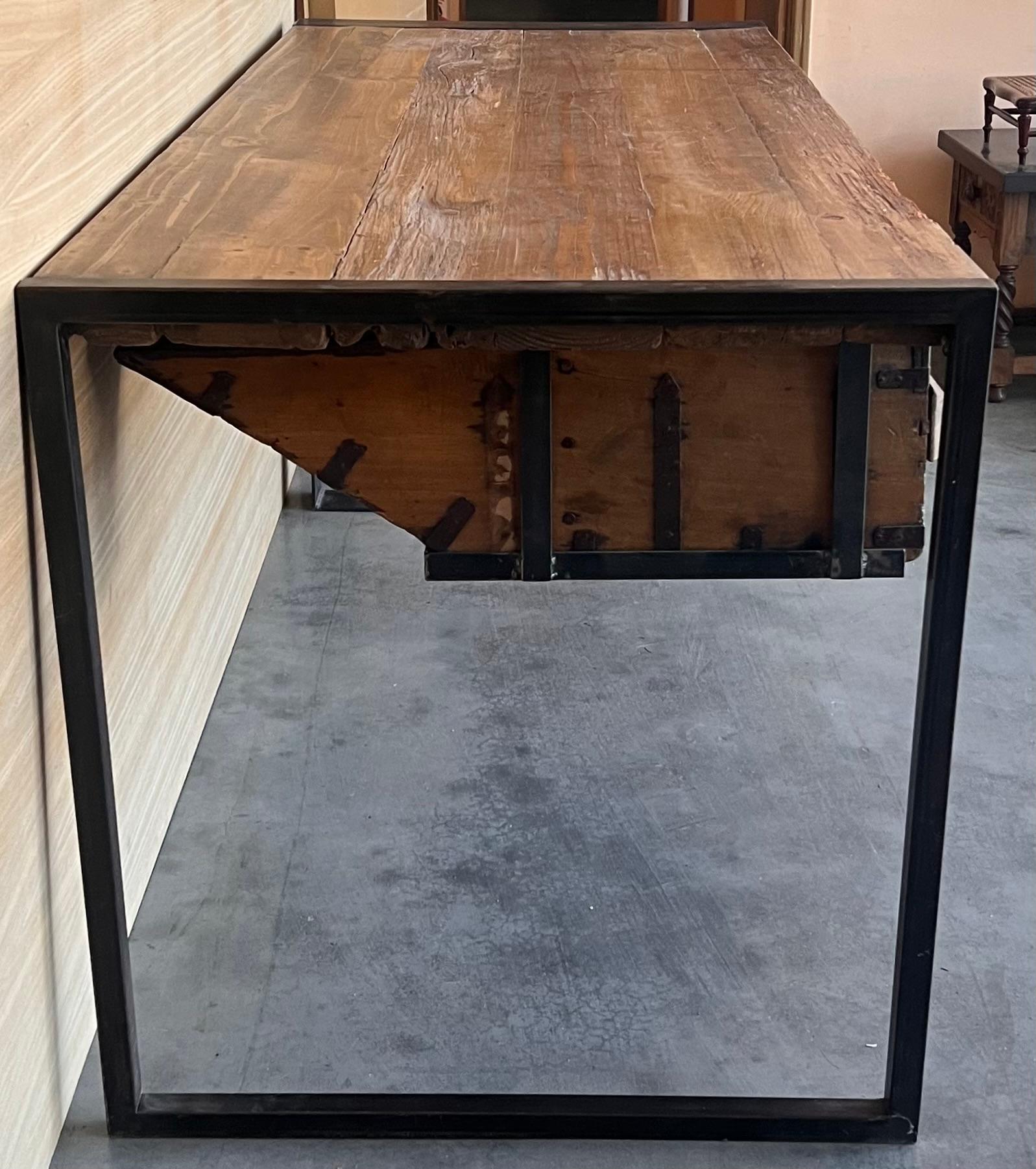 Antique Oak Kitchen Island, Butcher Block, Industrial Work Table Cast Iron For Sale 1