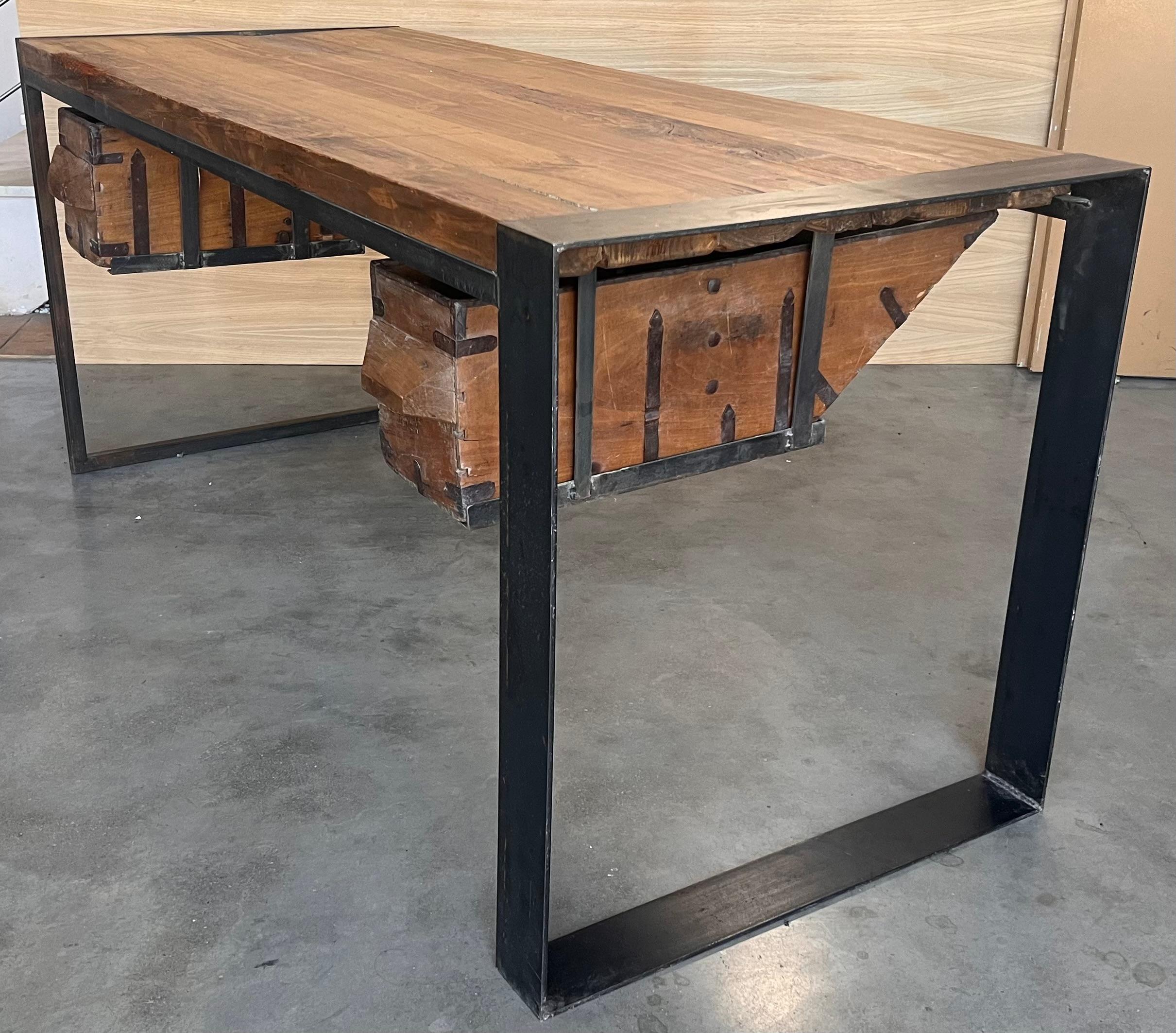 Antique Oak Kitchen Island, Butcher Block, Industrial Work Table Cast Iron For Sale 2