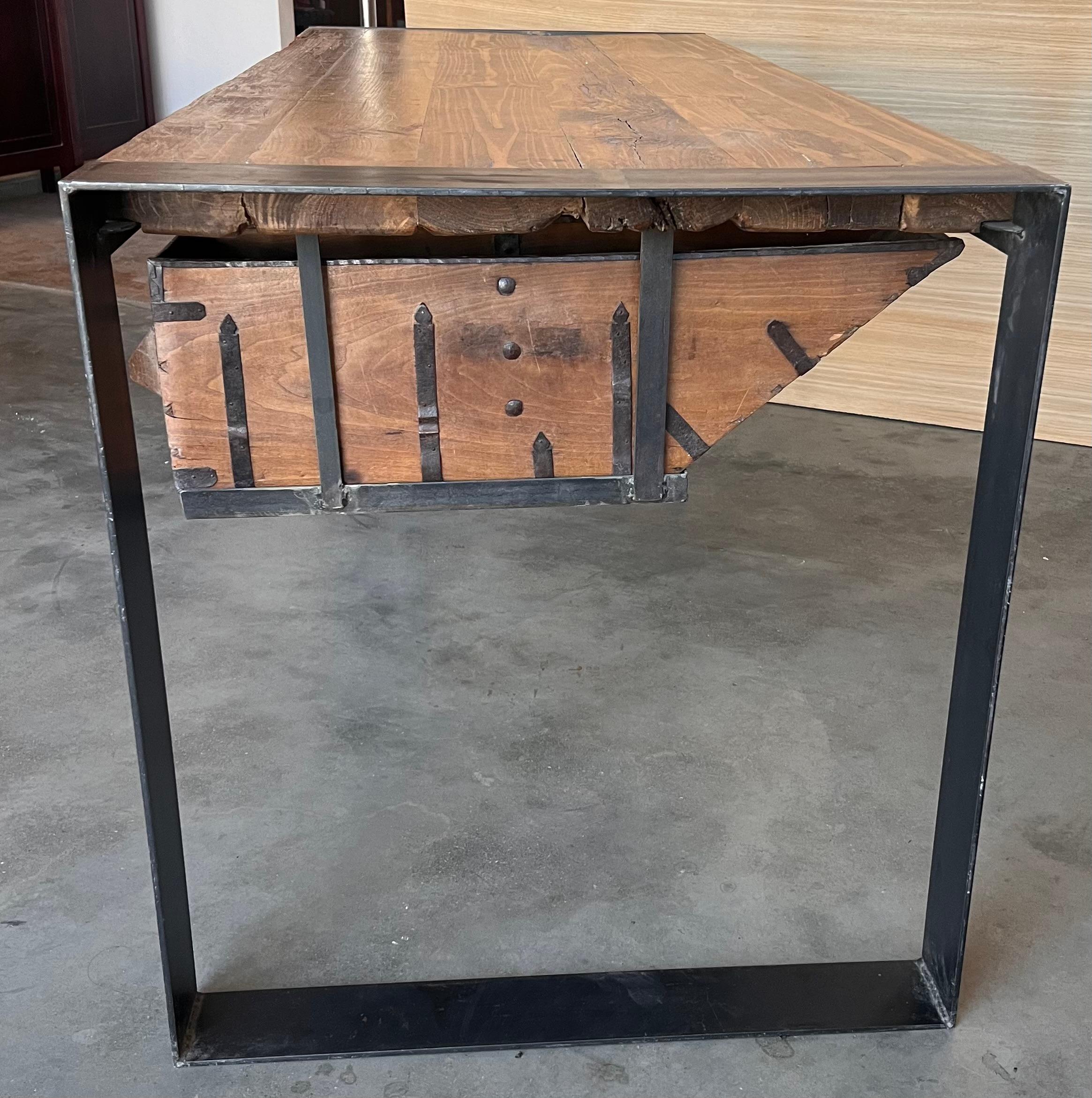 Antique Oak Kitchen Island, Butcher Block, Industrial Work Table Cast Iron For Sale 4