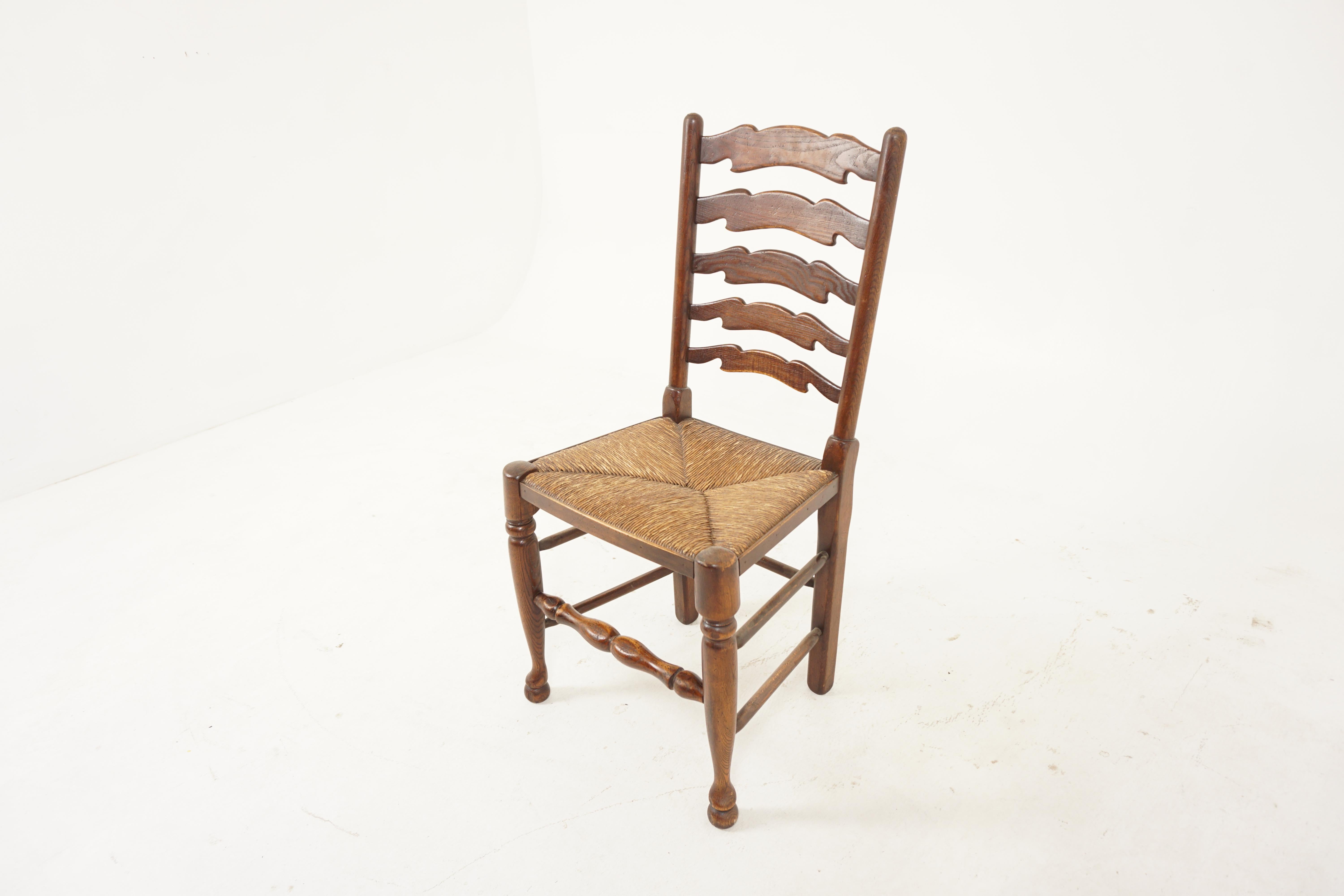 Antique oak ladder back rush seat dining chair, Scotland 1900, B2922

Scotland 1900
Solid oak
Original finish
Shaped top rail with side supports
Shaped splats to the back
Rush woven seat
Turned legs and double turned stretchers
Solid sturdy