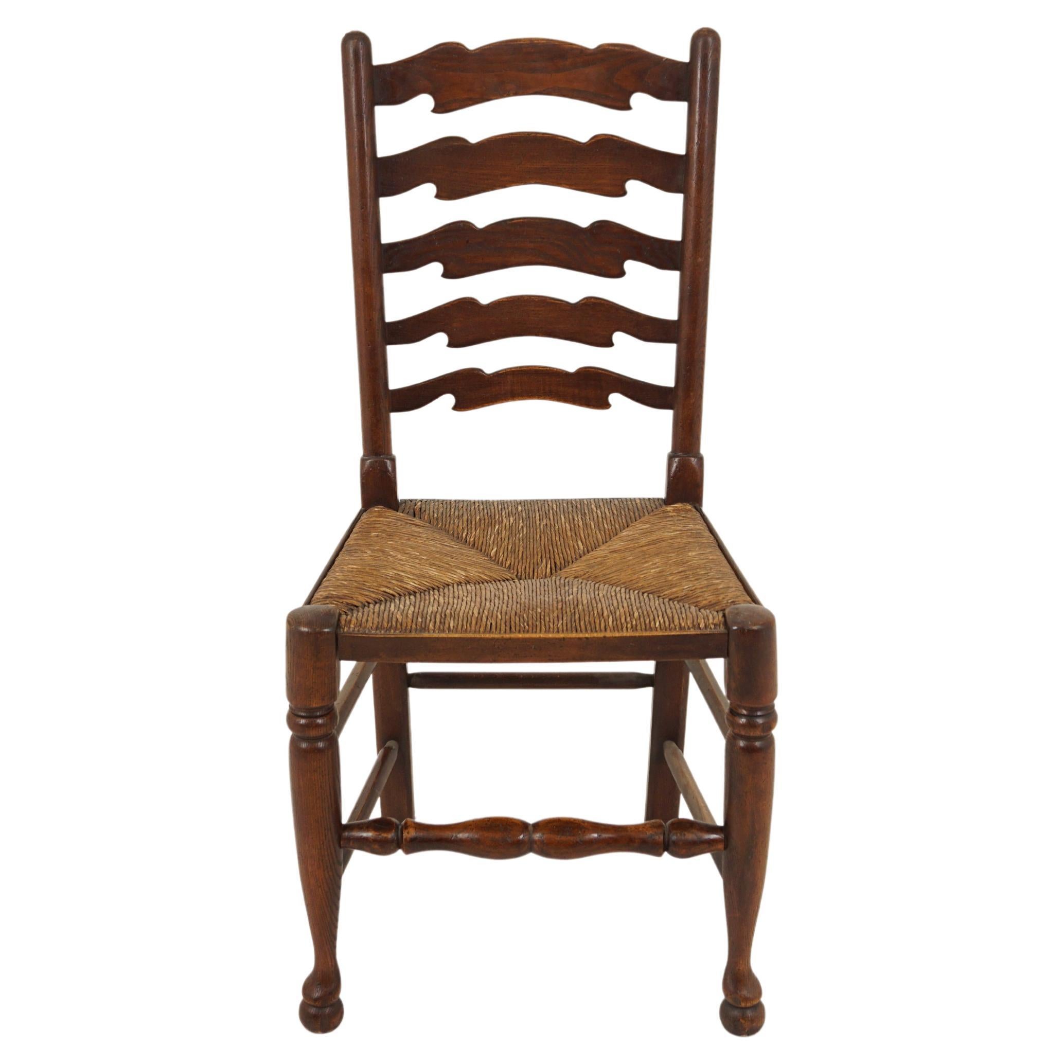 Antique Oak Ladder Back Rush Seat Dining Chair, Scotland 1900, B2922