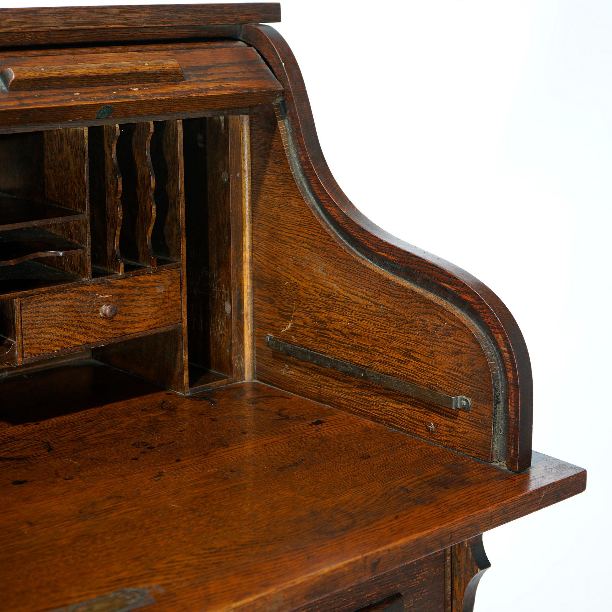 Antique Oak Ladies S-Roll Top Paneled Desk Circa 1910 8
