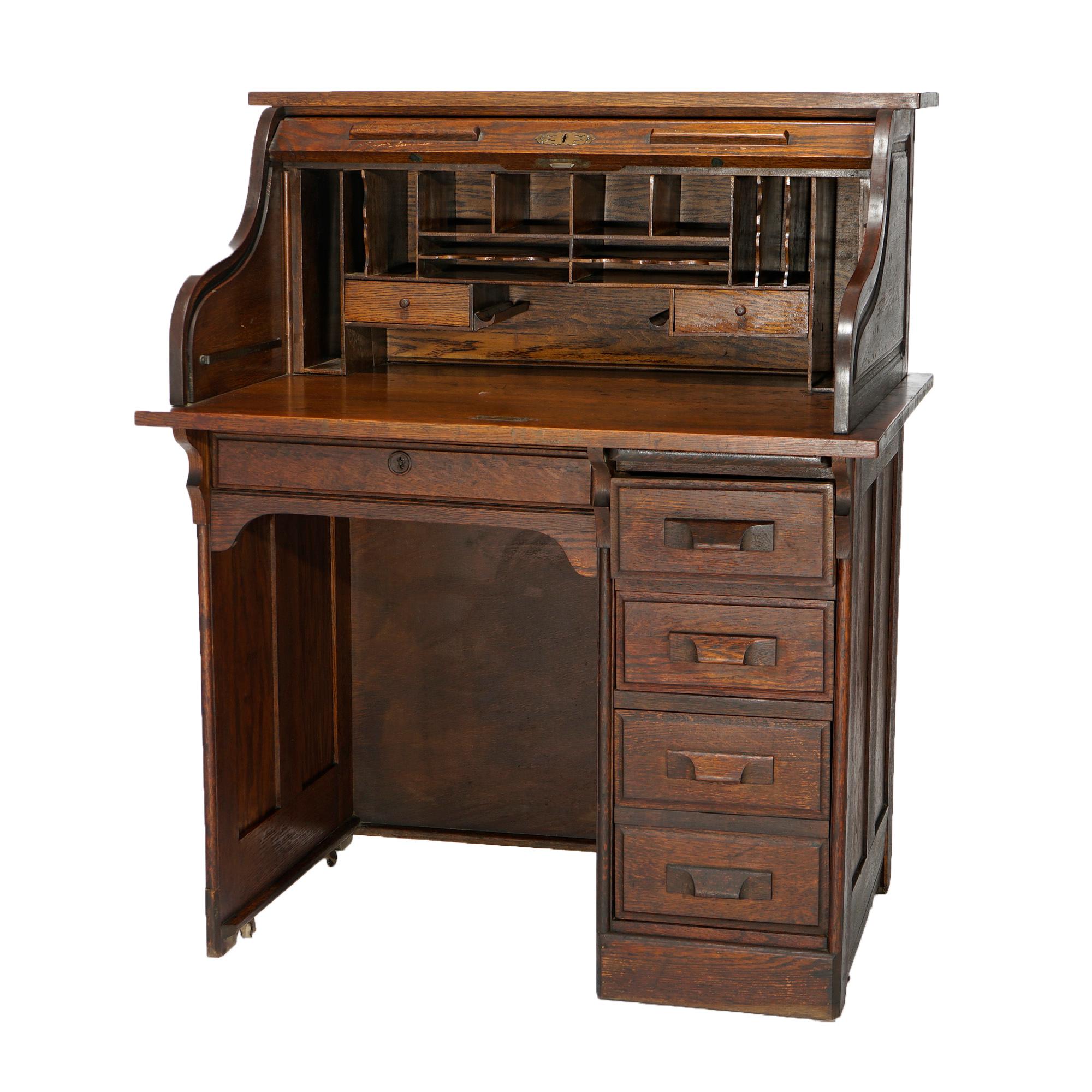 American Antique Oak Ladies S-Roll Top Paneled Desk Circa 1910