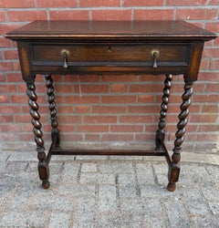 Antique Oak Ladies Writing Desk with Barley Twist Legs and Leather Top