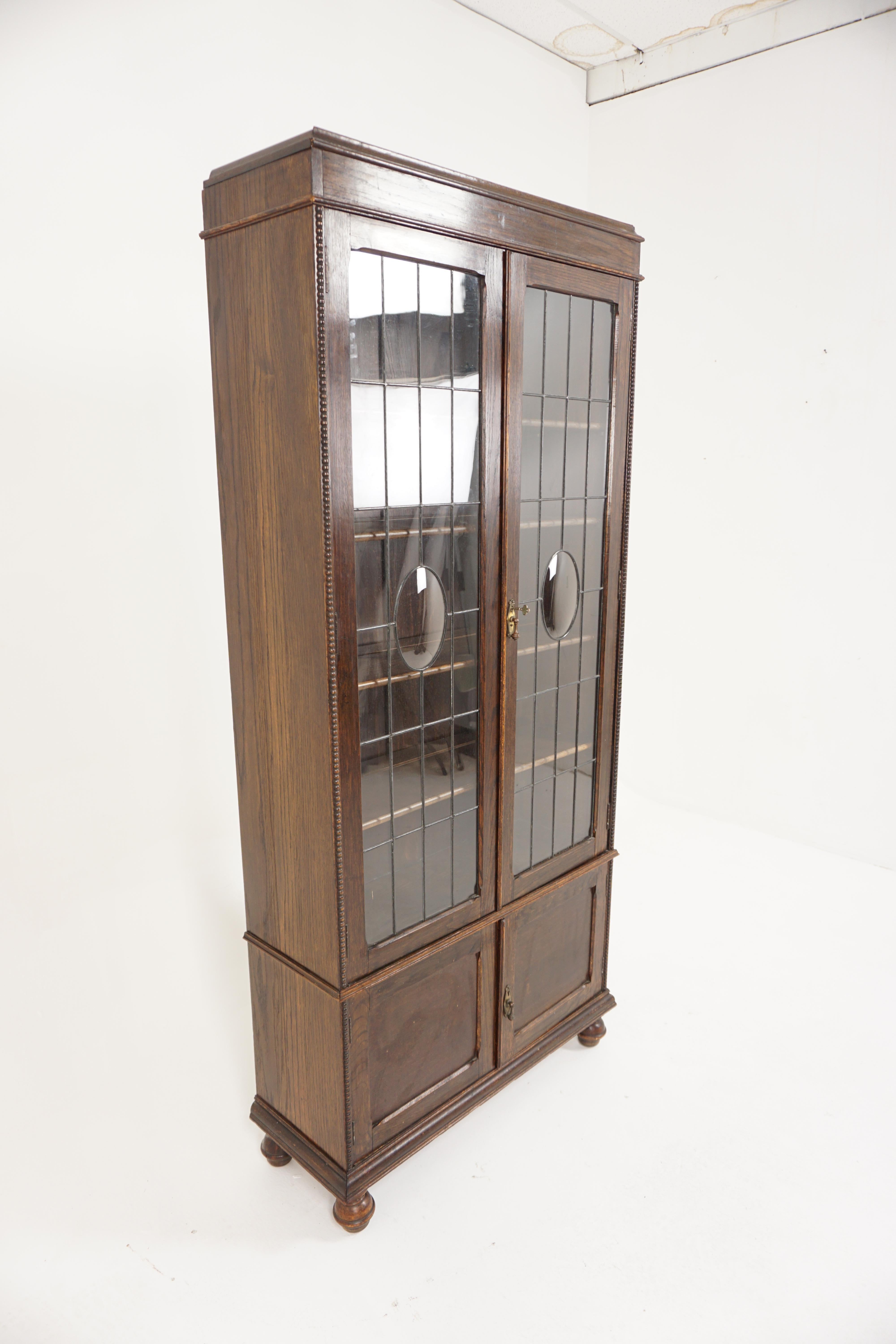 Scottish Antique Oak Leaded Glass Bookcase, Display Cabinet, Scotland, 1910, B2941