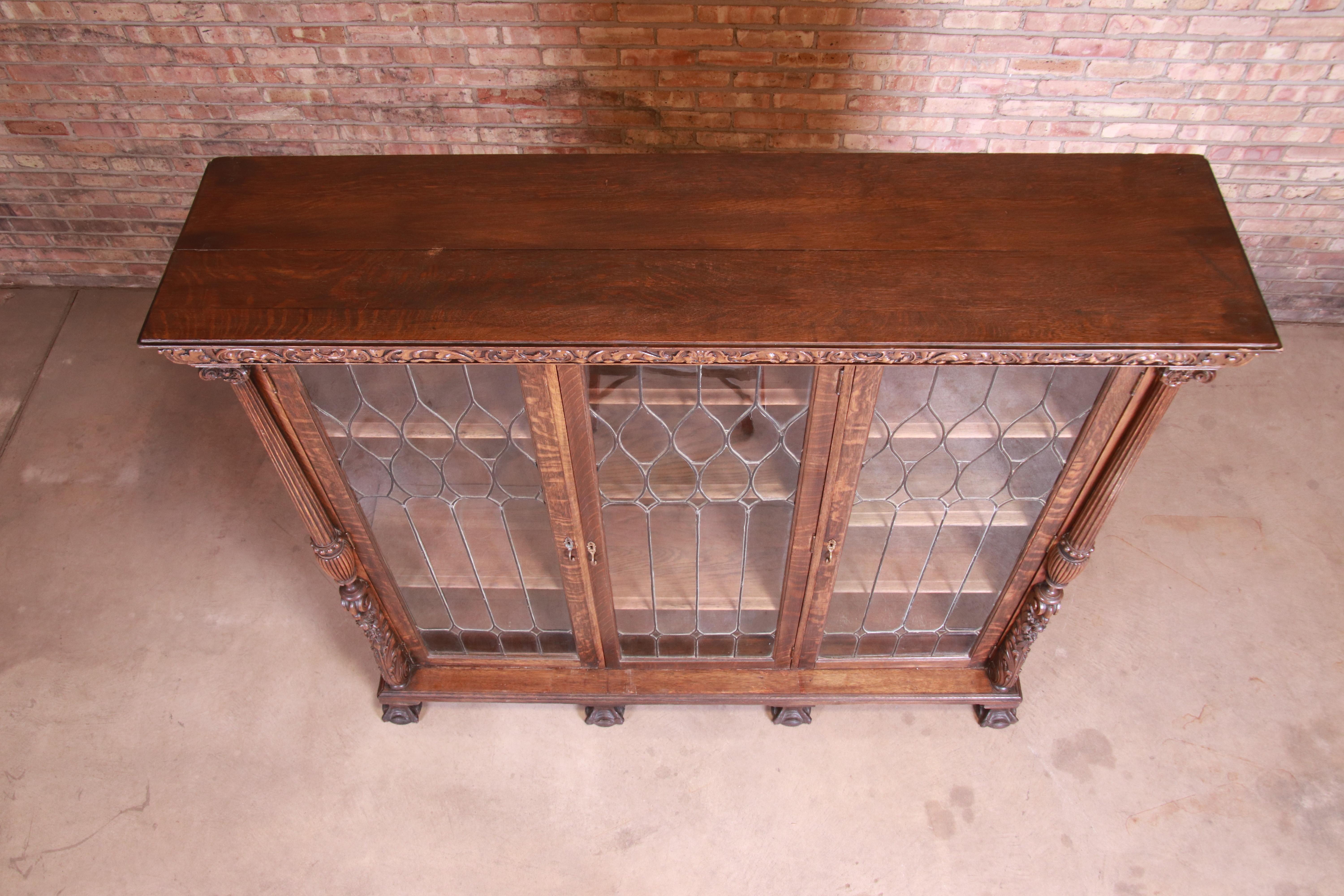 Antique Oak Leaded Glass Triple Bookcase 2