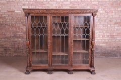 Antique Oak Leaded Glass Triple Bookcase