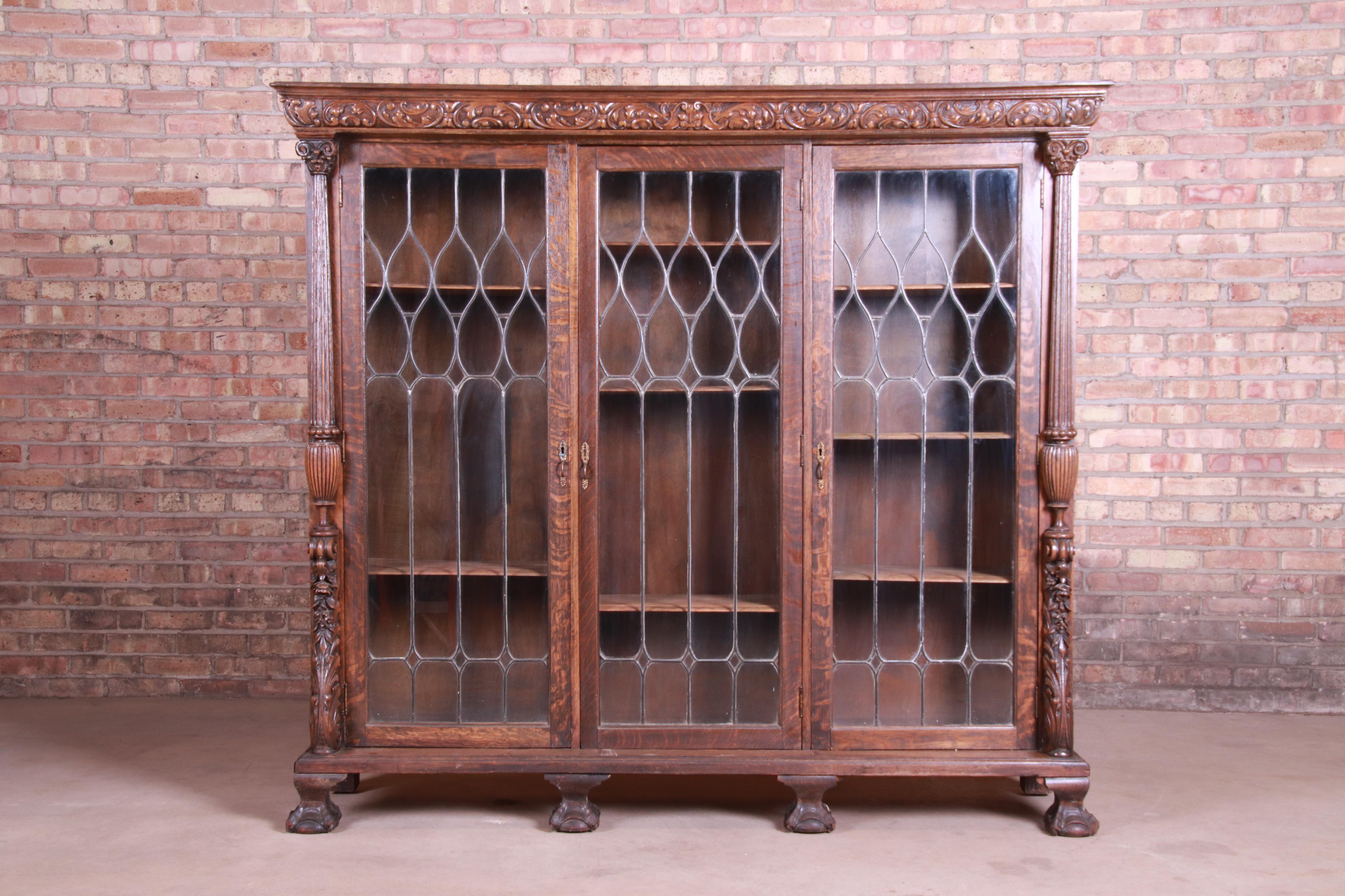 Renaissance Revival Antique Oak Leaded Glass Triple Bookcase