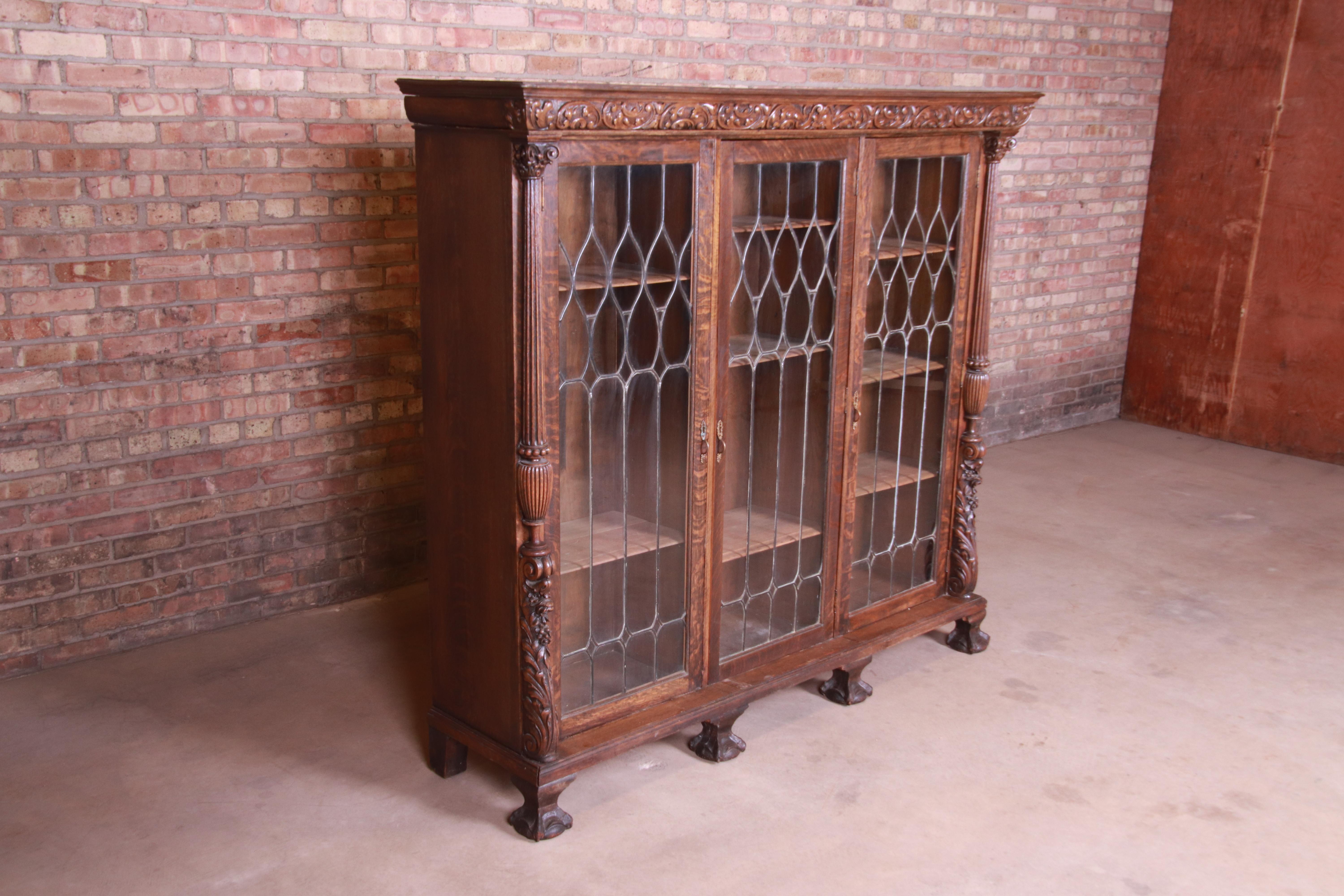 American Antique Oak Leaded Glass Triple Bookcase