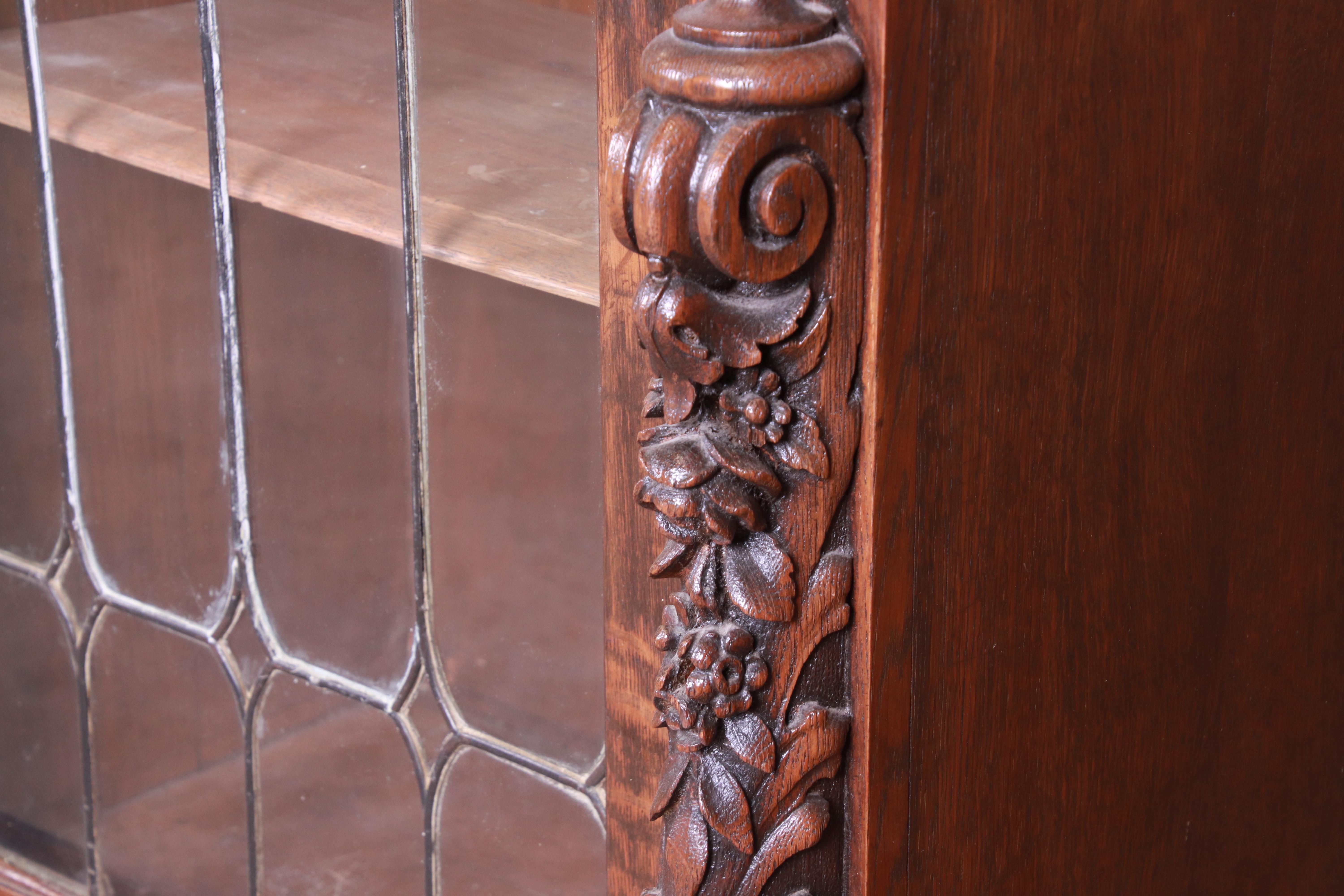 19th Century Antique Oak Leaded Glass Triple Bookcase