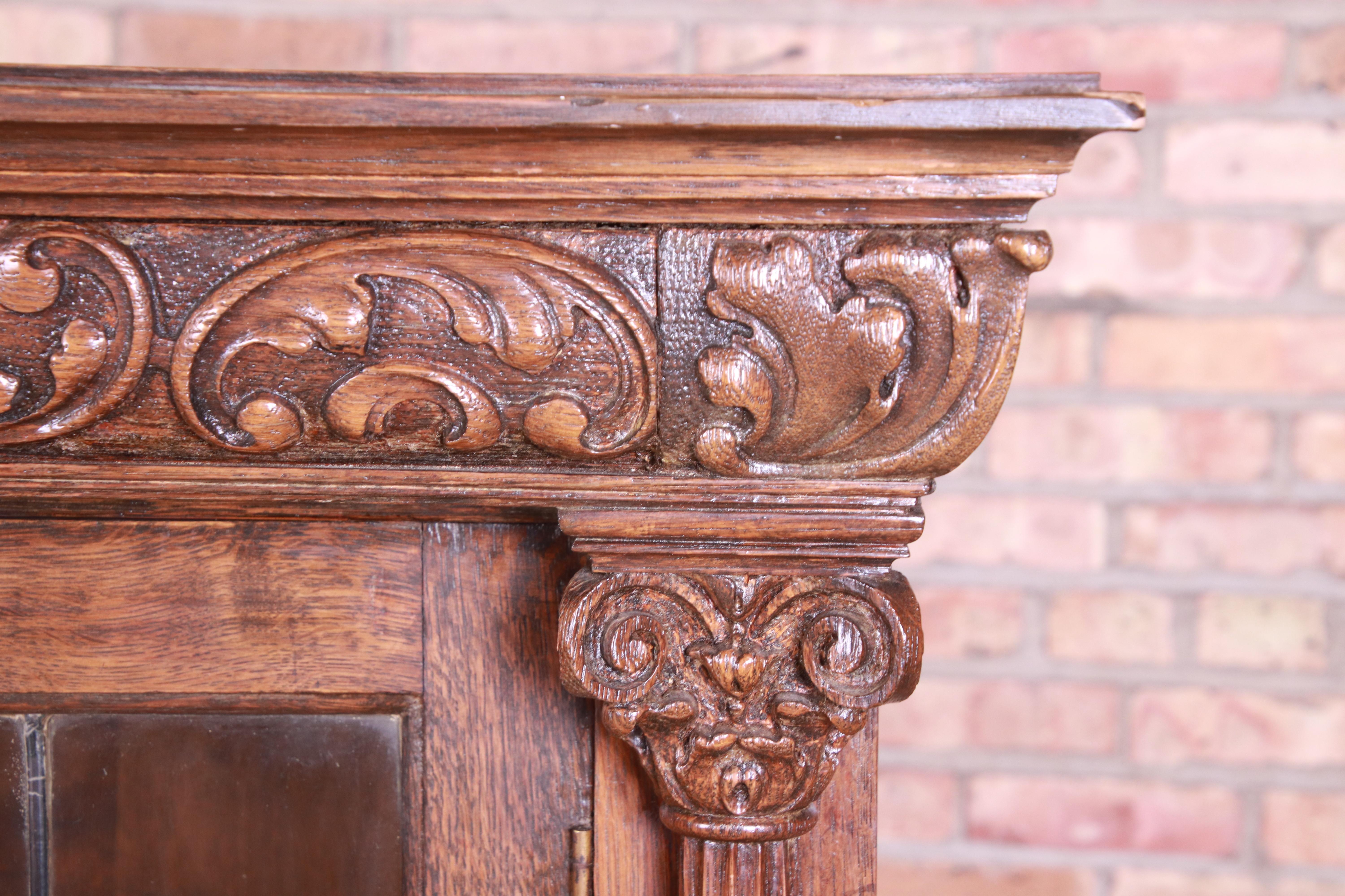 Brass Antique Oak Leaded Glass Triple Bookcase