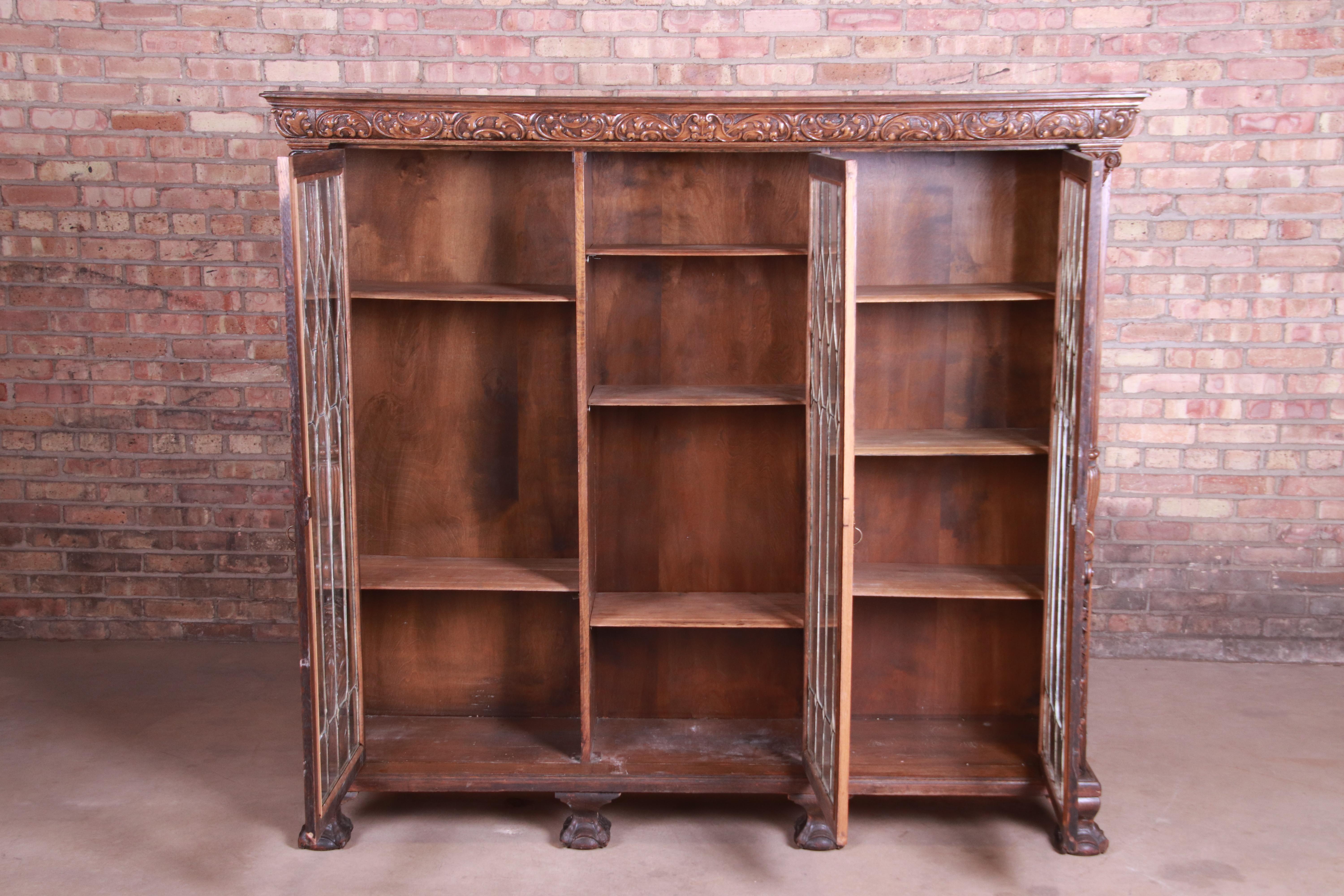 Antique Oak Leaded Glass Triple Bookcase 1