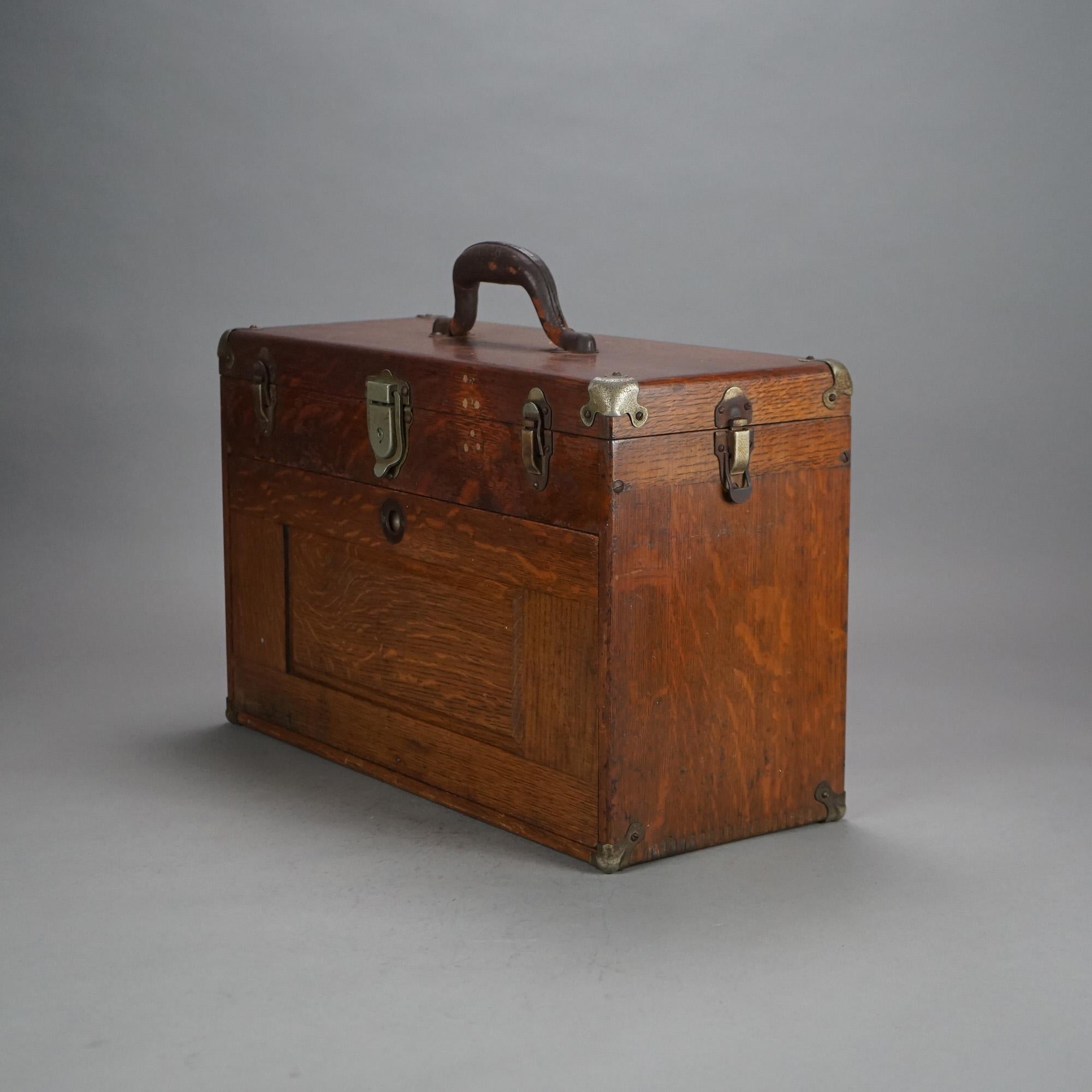 Antiguo Baúl de Herramientas de Maquinista de Roble con Asa de Cuero C1920 3