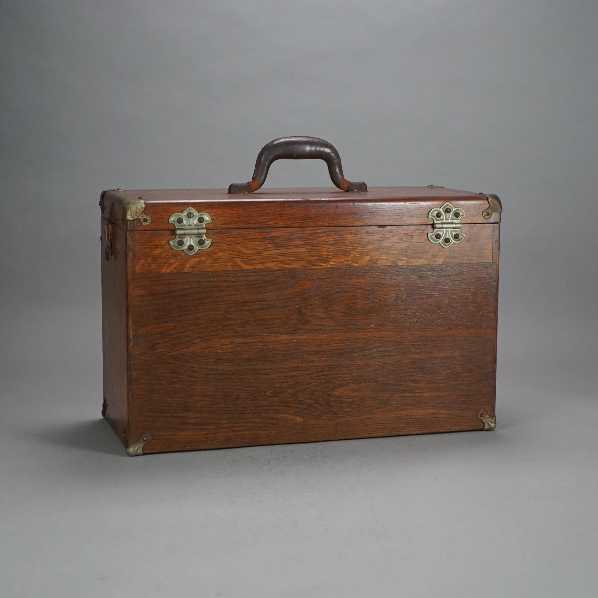 Antiguo Baúl de Herramientas de Maquinista de Roble con Asa de Cuero C1920 4