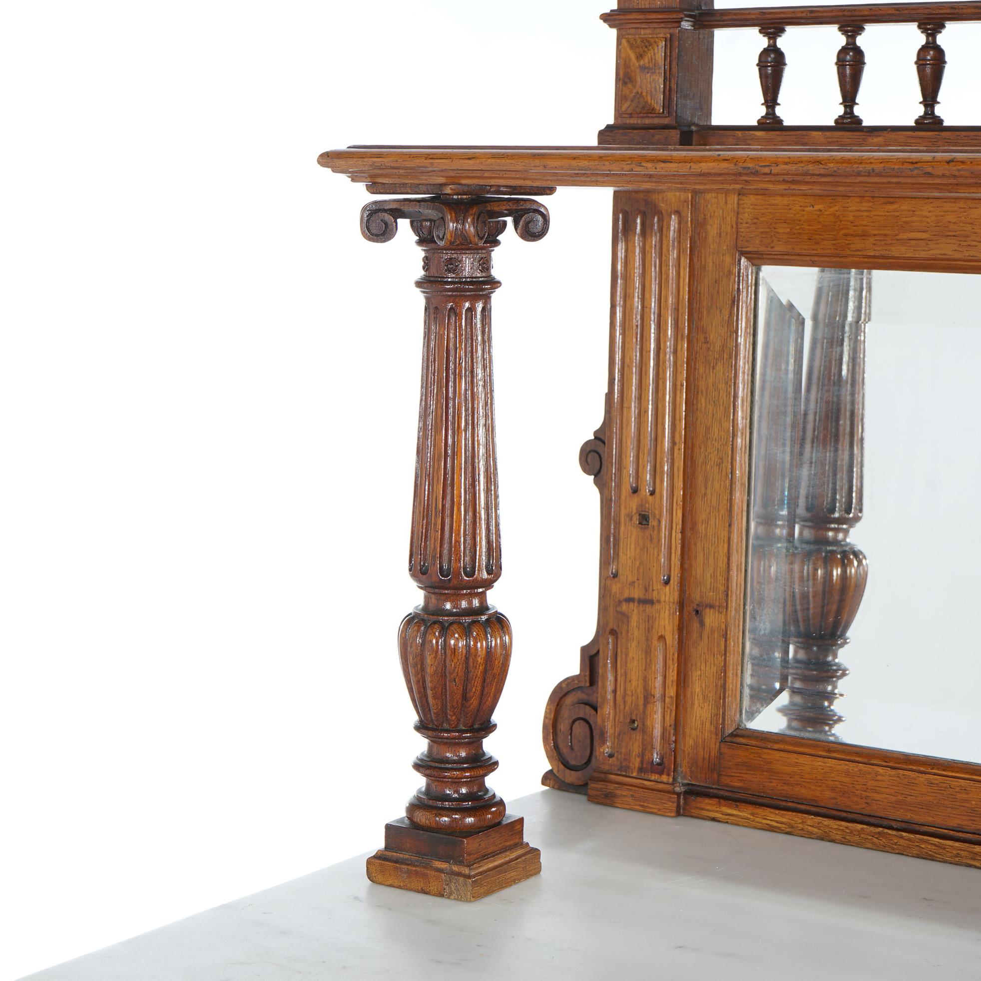 Antique Oak Marble Top Server with Mirrored Back Splash & Spindled Rail C1900 For Sale 8