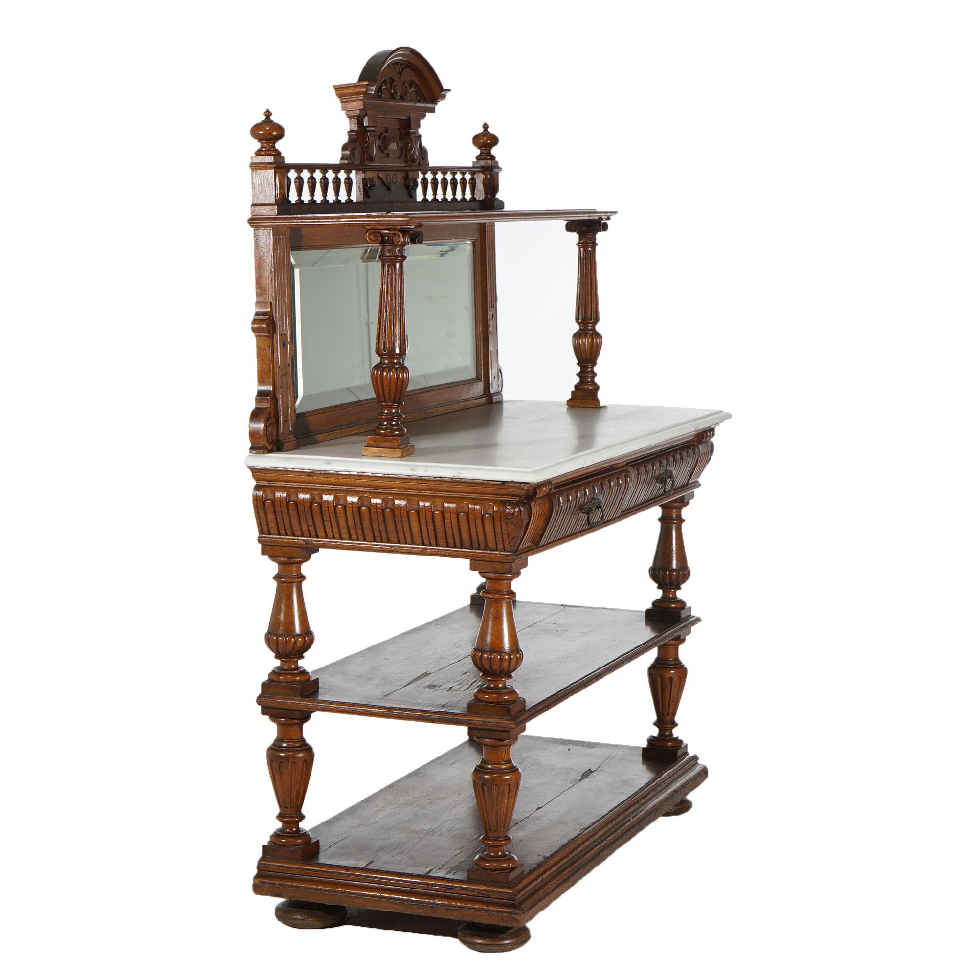 Antique Oak Marble Top Server with Mirrored Back Splash & Spindled Rail C1900 In Good Condition For Sale In Big Flats, NY