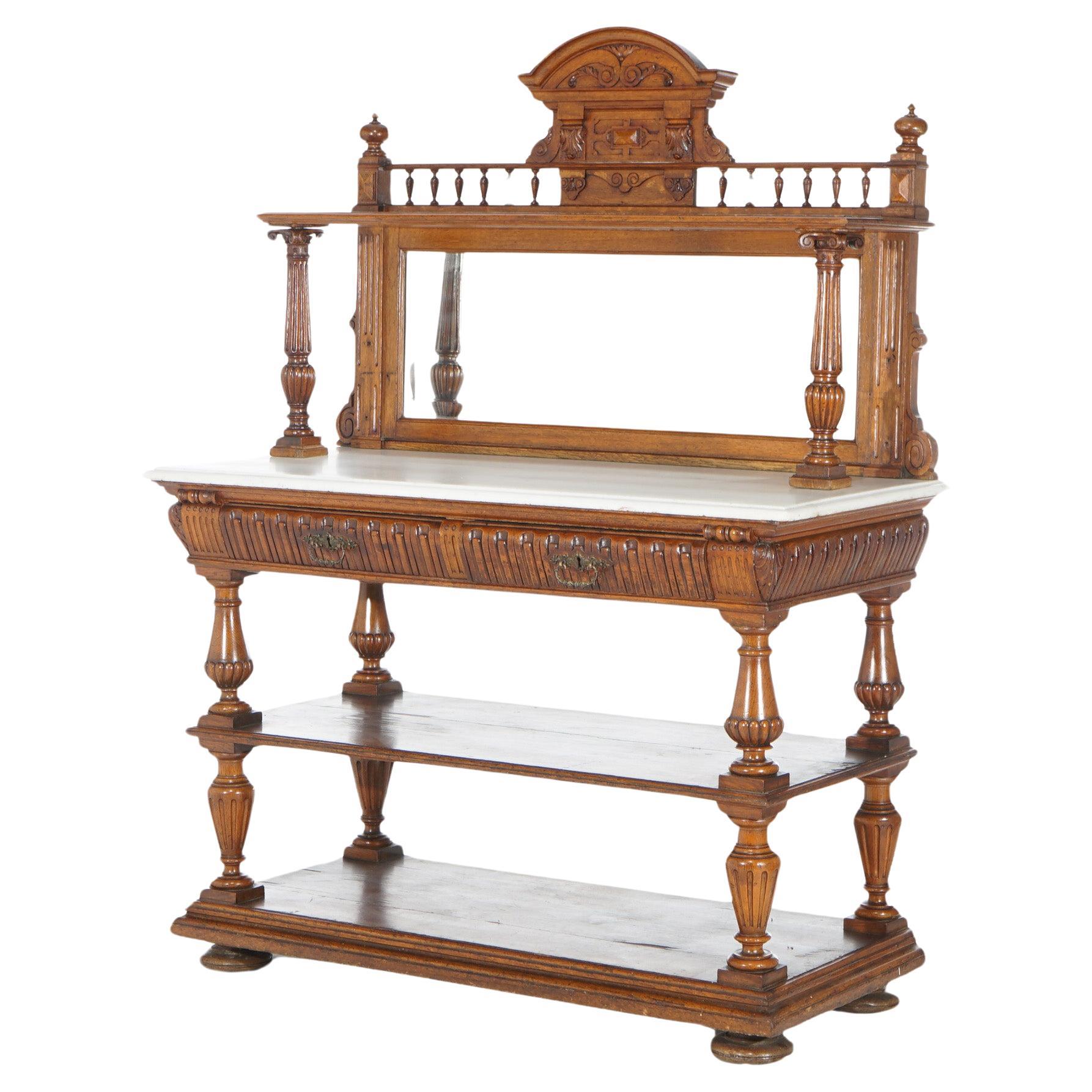 Antique Oak Marble Top Server with Mirrored Back Splash & Spindled Rail C1900 For Sale