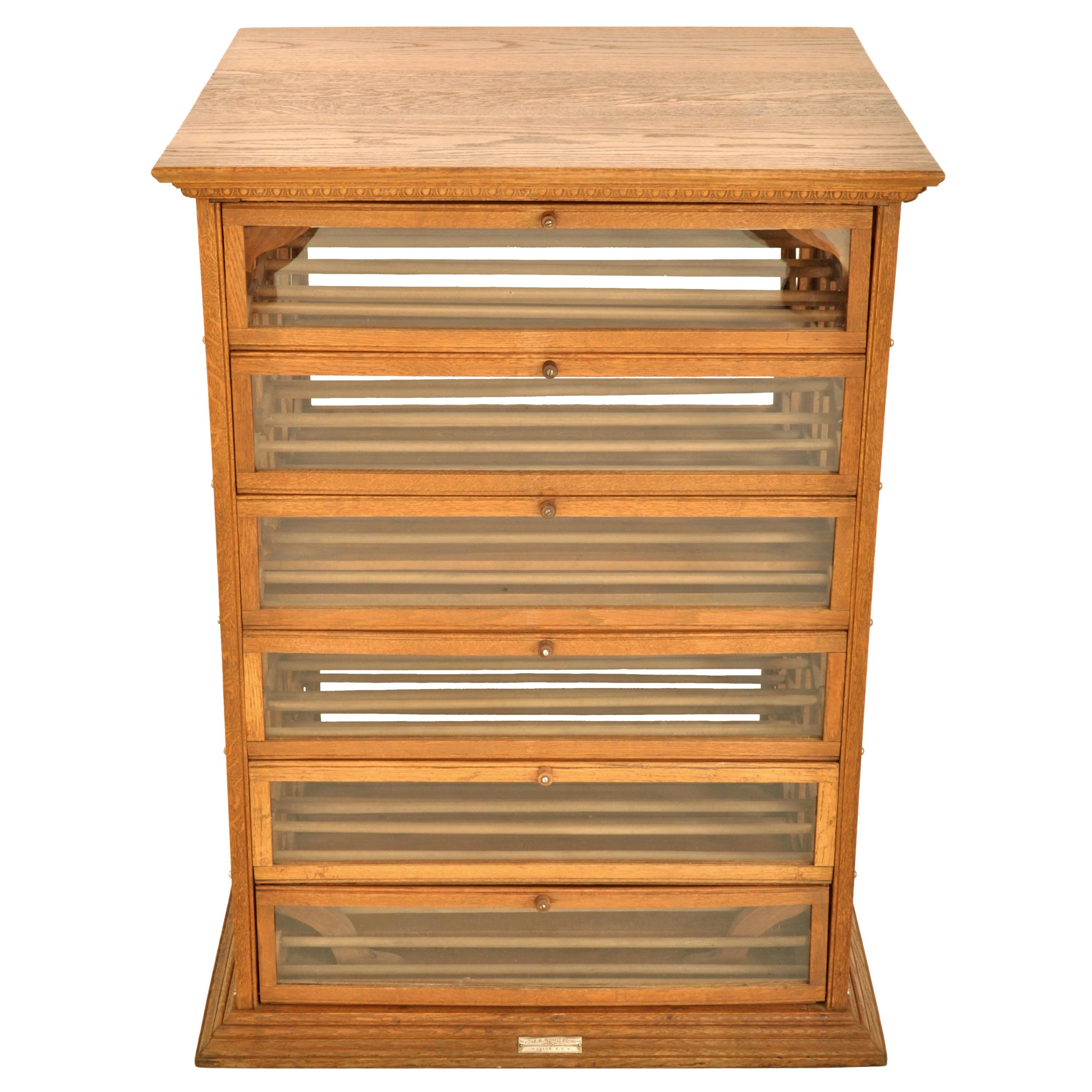 American Craftsman Antique Oak Mercantile Store Ribbon Spool Wine Cabinet A N Russell New York 1900