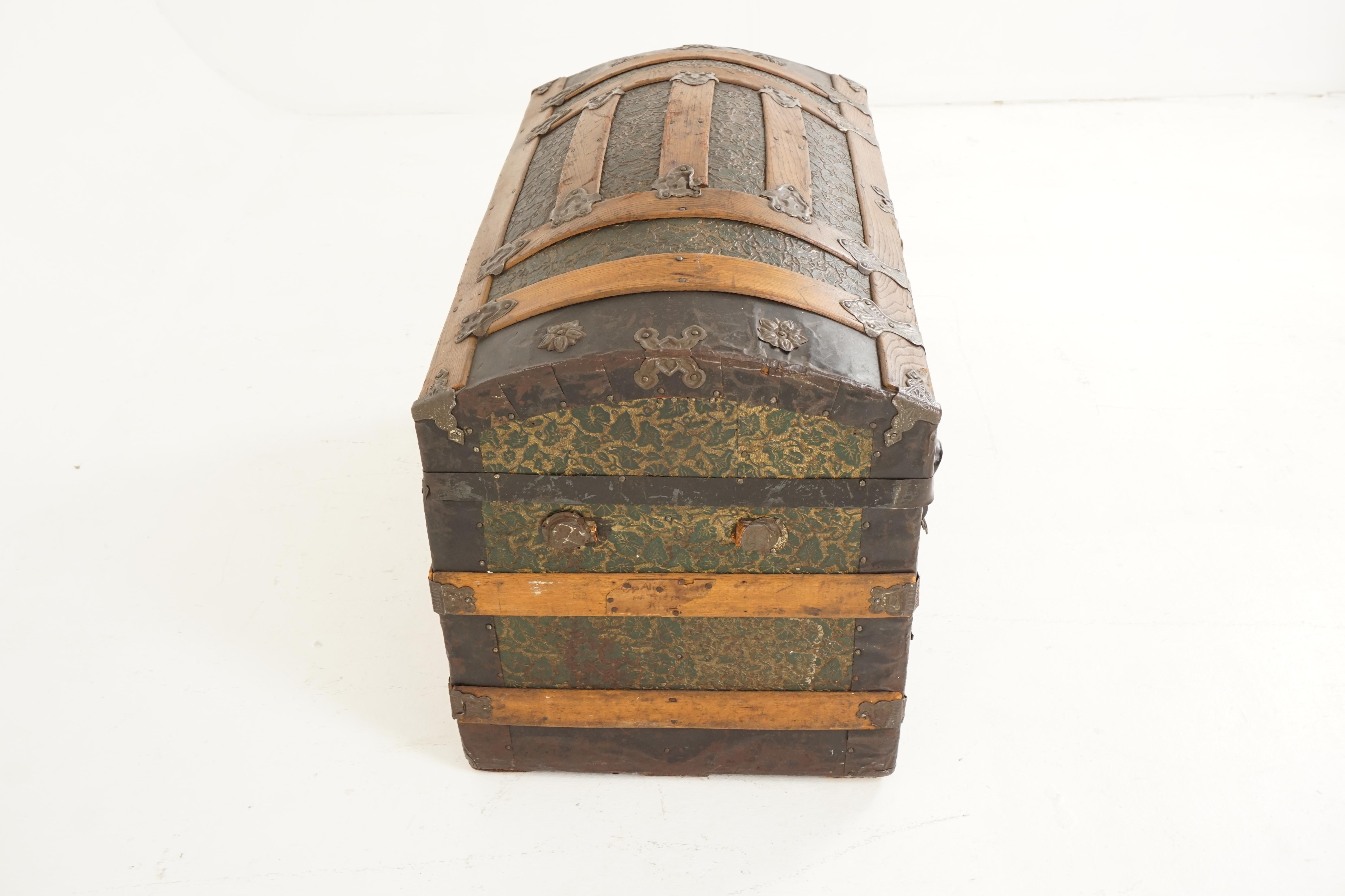 Hand-Crafted Antique Oak and Metal Dome Topped Trunk, Chest, American 1920, H113 For Sale