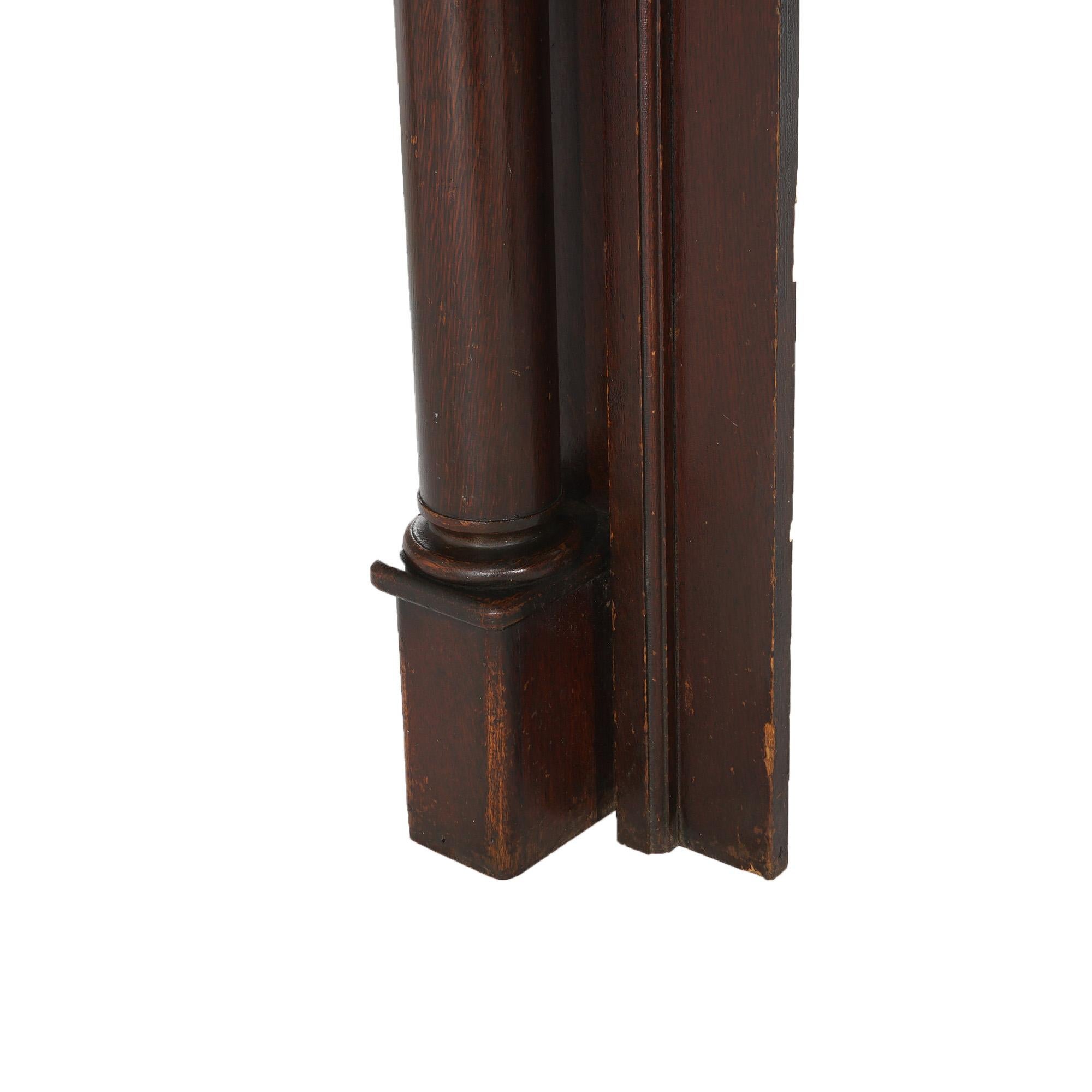 Antique Oak Mirrored Fireplace Mantle, Classical Carved Columns, Original Finish For Sale 2