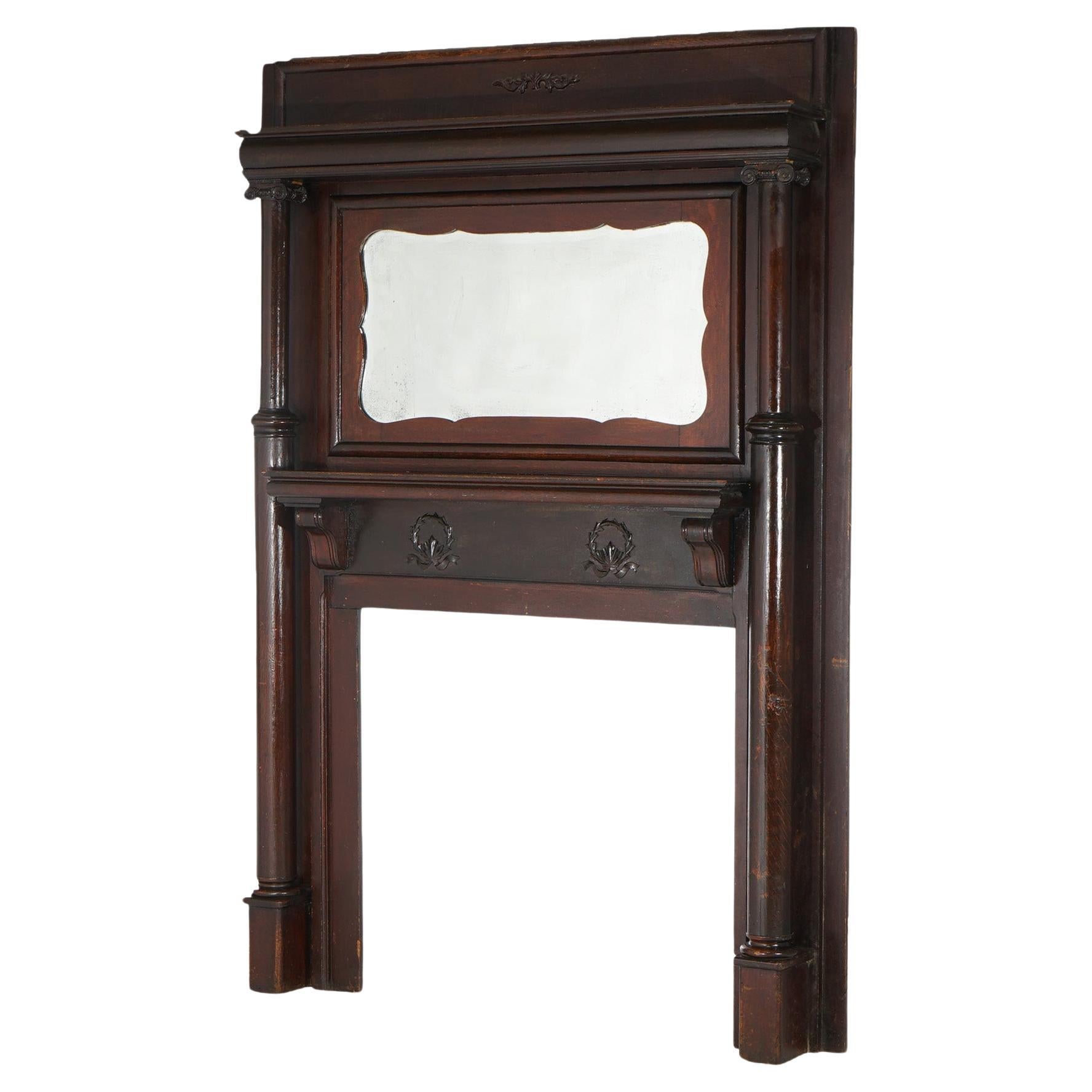 Antique Oak Mirrored Fireplace Mantle, Classical Carved Columns, Original Finish For Sale