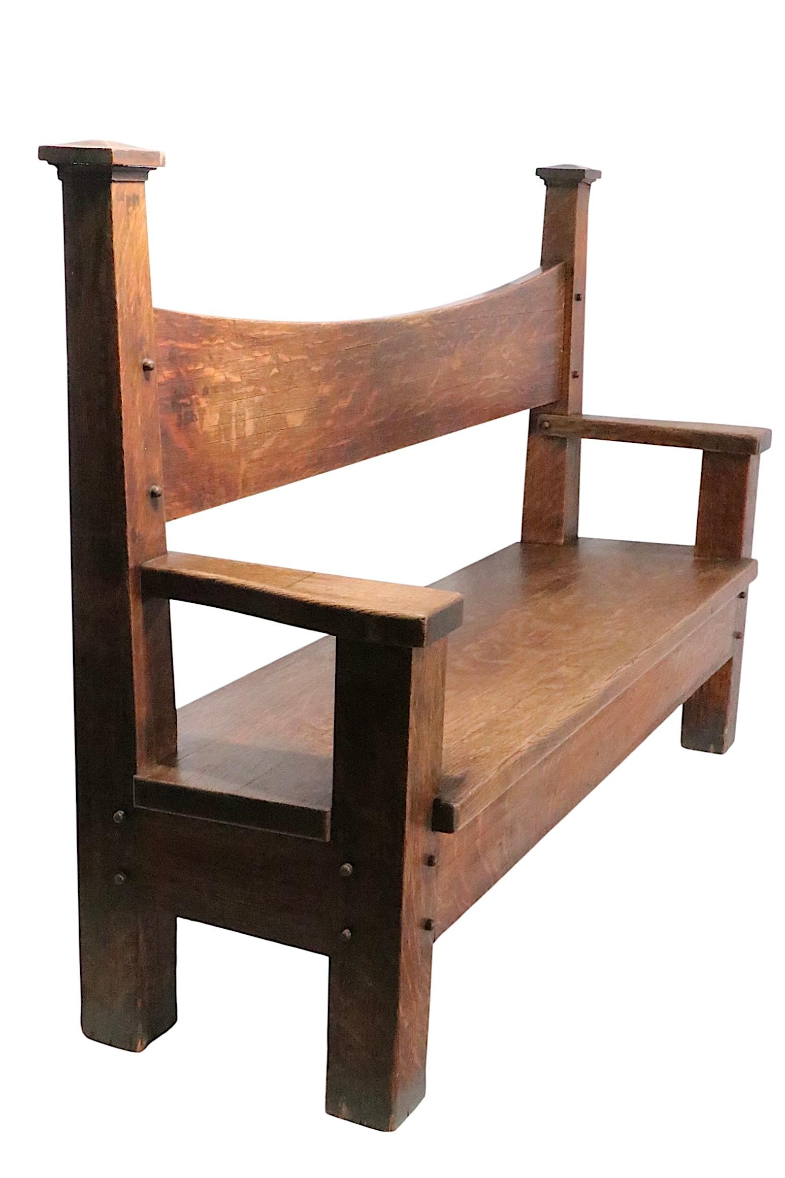 Antique Oak Mission Arts and Crafts  Gothic Style Bench Settee c. 1900/1930's For Sale 11