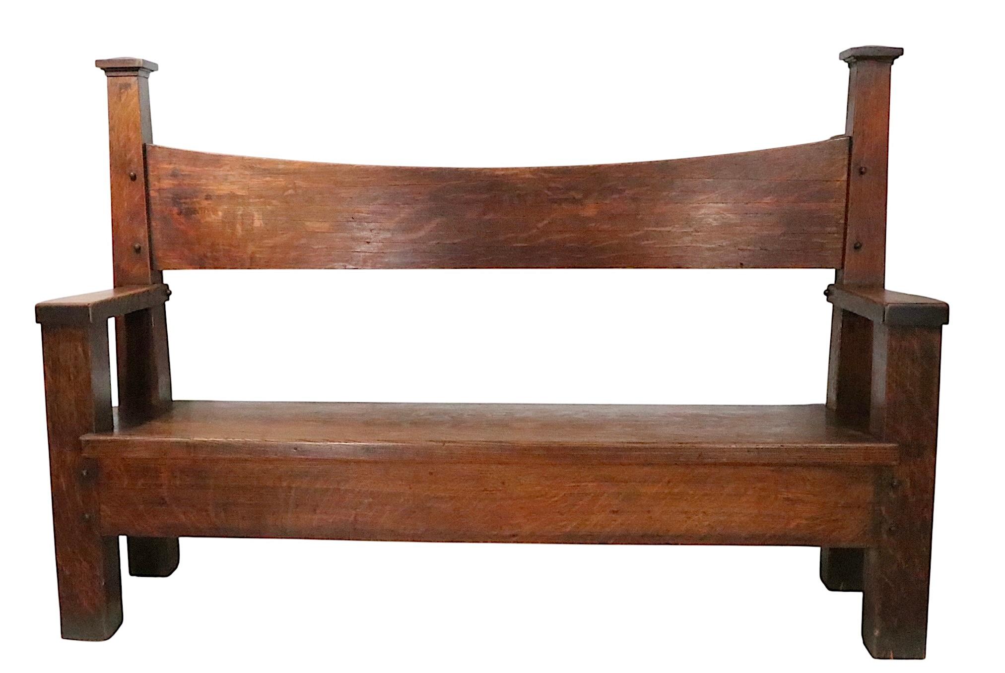 20th Century Antique Oak Mission Arts and Crafts  Gothic Style Bench Settee c. 1900/1930's For Sale