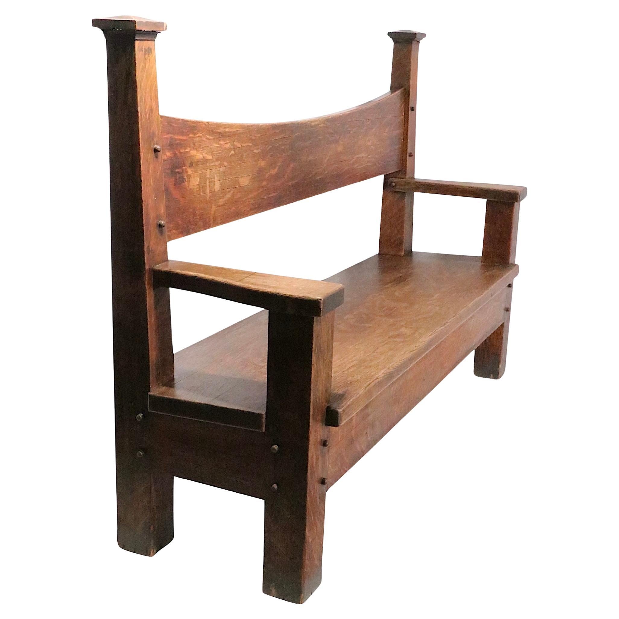 Antique Oak Mission Arts and Crafts  Gothic Style Bench Settee c. 1900/1930's For Sale