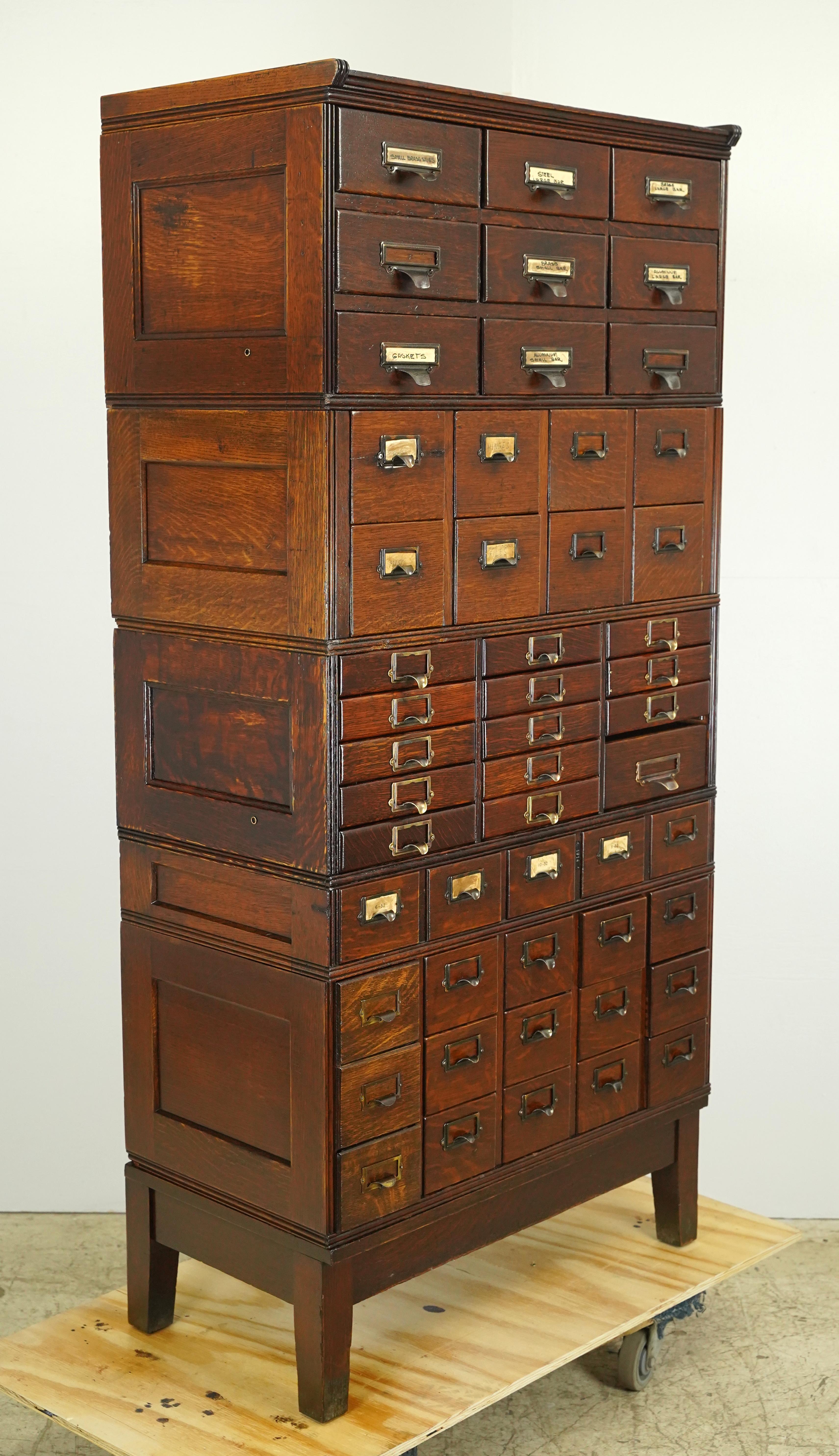 Antique Oak Modular Filing Card Catalog Office Cabinet In Good Condition In New York, NY