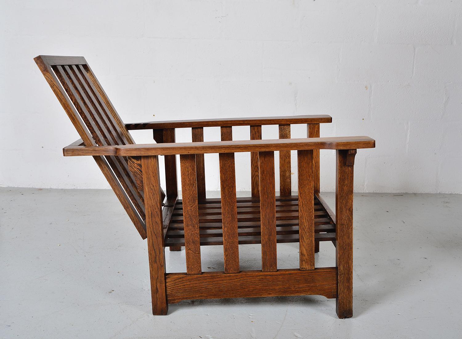 Antique Oak Morris Chair Recliner Gustav Stickley Mission Eastlake Arts & Crafts In Good Condition In Sherborne, Dorset