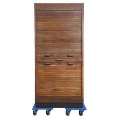 Antique oak notary cabinet with two roller doors, a working lock