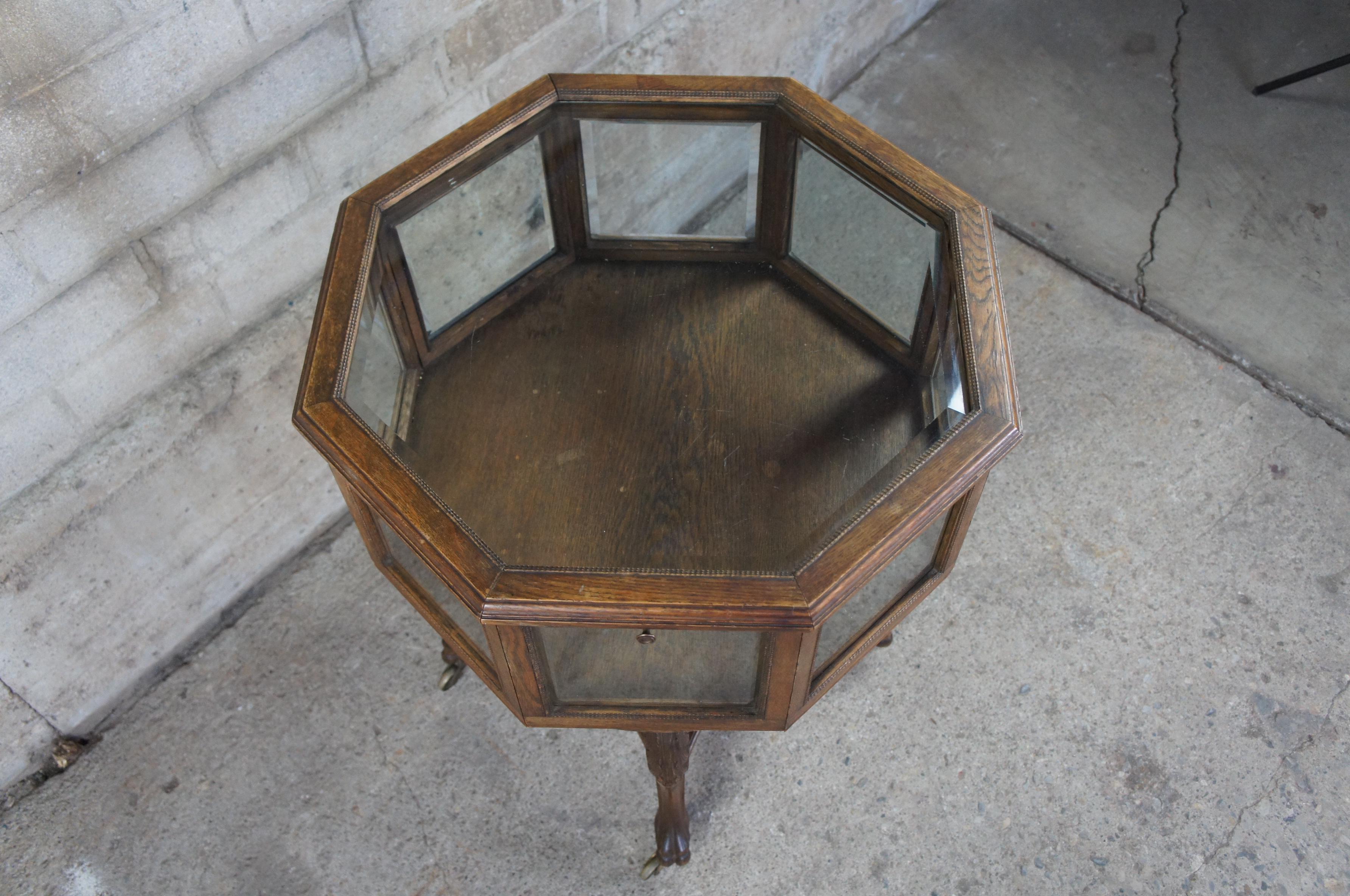 19th Century Antique Oak Octagonal Rotating Showcase Vitrine Bijouterie Display Cabinet Table