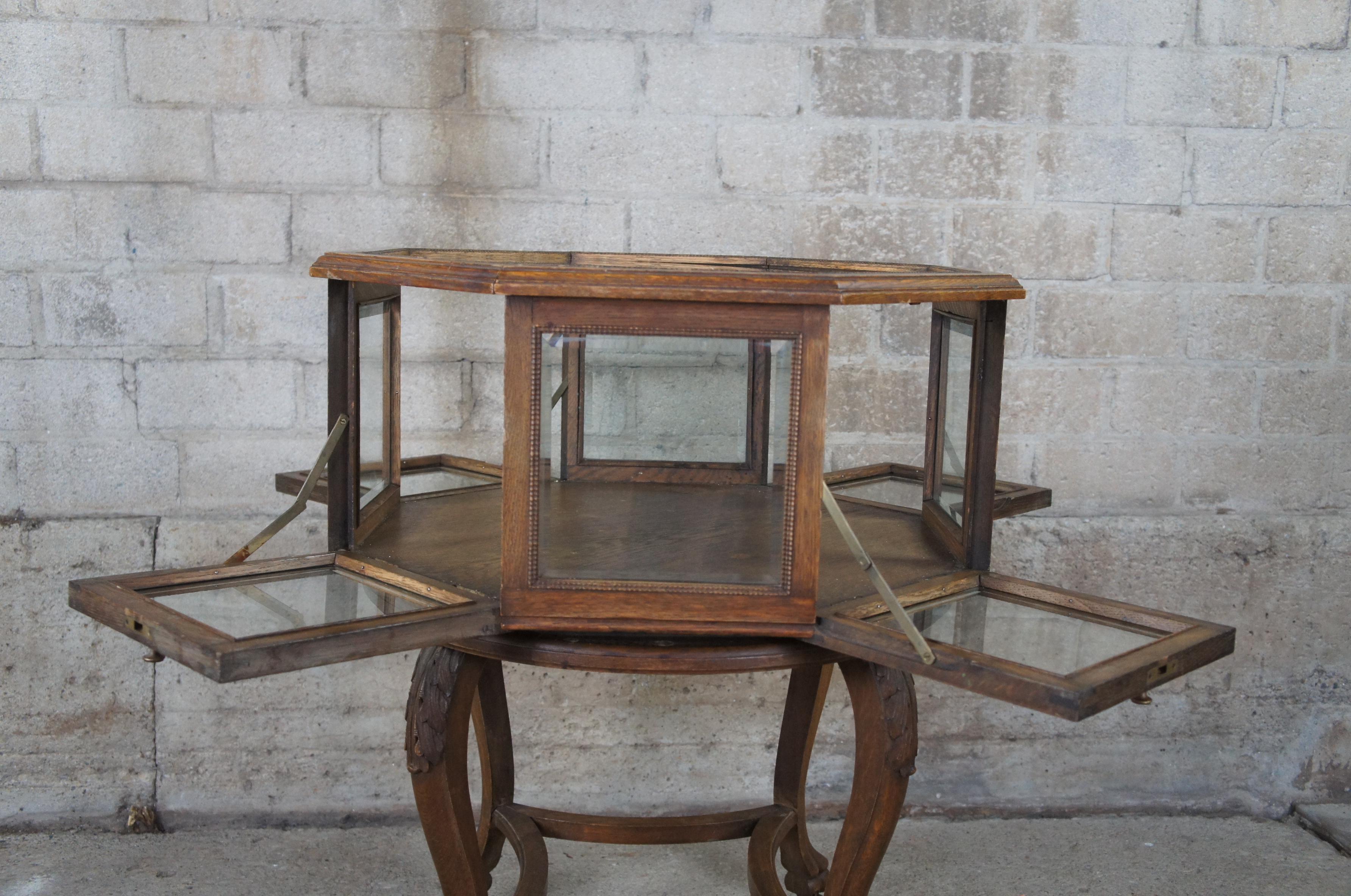 Glass Antique Oak Octagonal Rotating Showcase Vitrine Bijouterie Display Cabinet Table