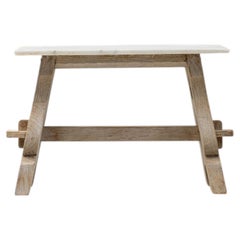 Antique Oak Pedestal Table with Marble Top, French Design, 1900s