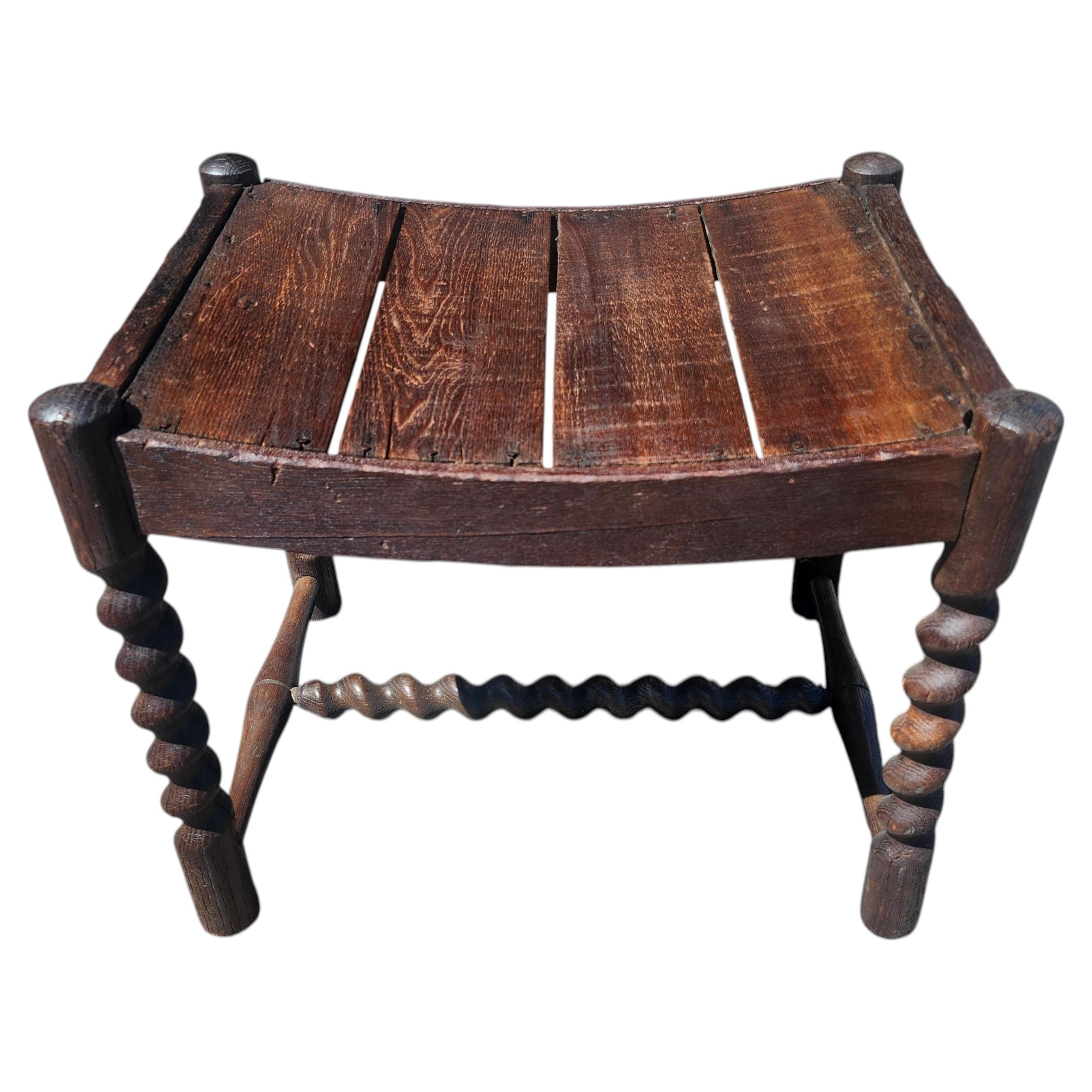 Antique Oak Petite Footstool with Barley Twist legs and a Hand Carved Apron For Sale