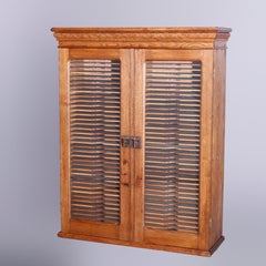 Antique Oak Postmaster Double Door Hanging Wall Cabinet Filer, c1900