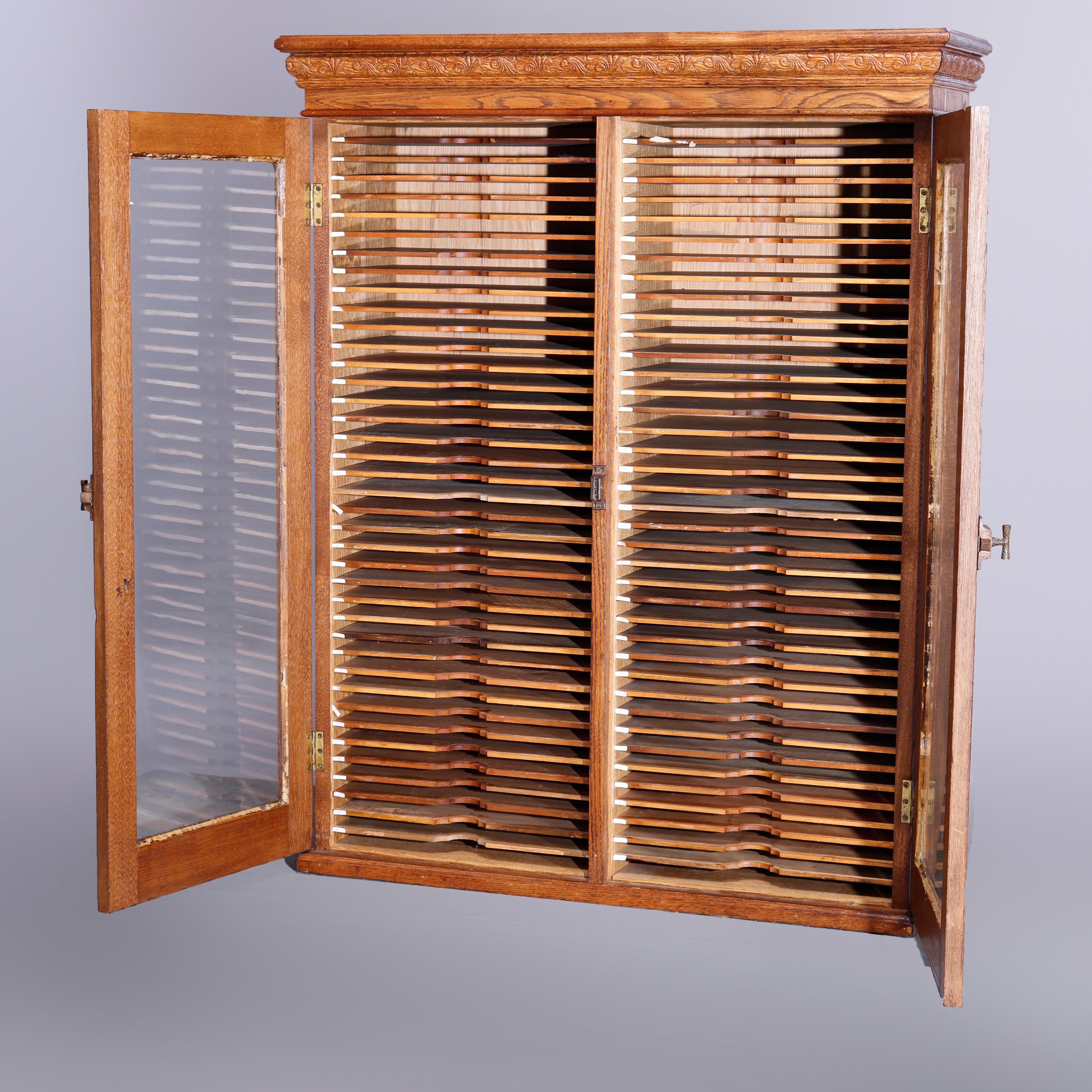 American Antique Oak Postmaster Double Door Hanging Wall Cabinet Filer, c1900