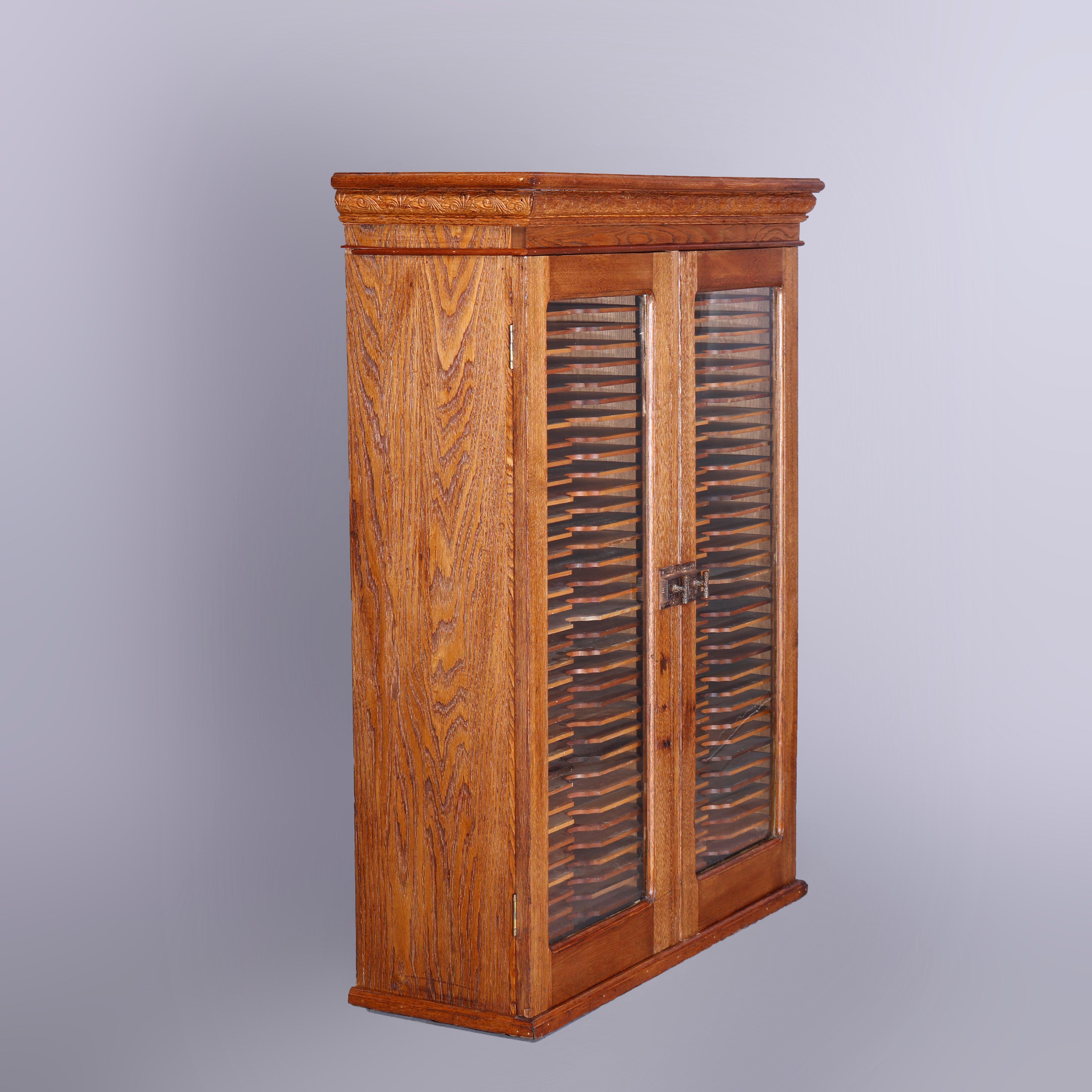 Cast Antique Oak Postmaster Double Door Hanging Wall Cabinet Filer, c1900