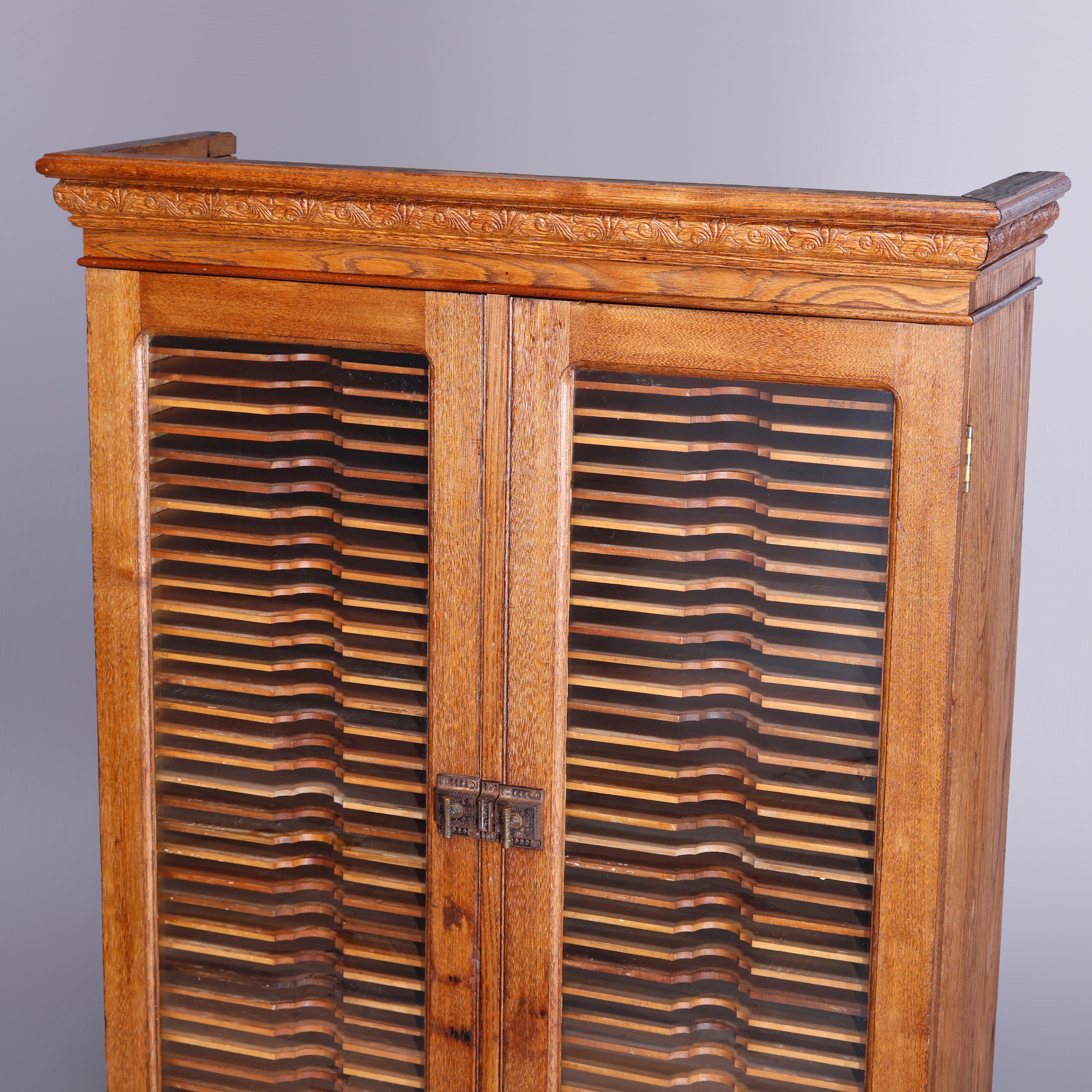 Antique Oak Postmaster Double Door Hanging Wall Cabinet Filer, c1900 In Good Condition In Big Flats, NY