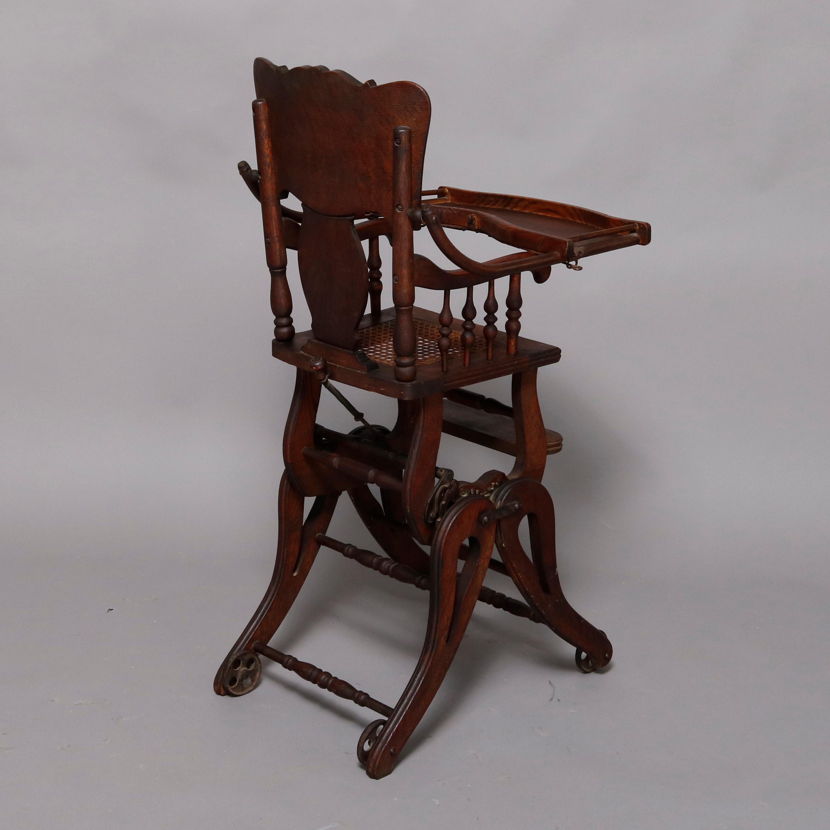 Victorian Antique Oak Pressed Carved Adjustable Conversion High Chair Rocker, circa 1910